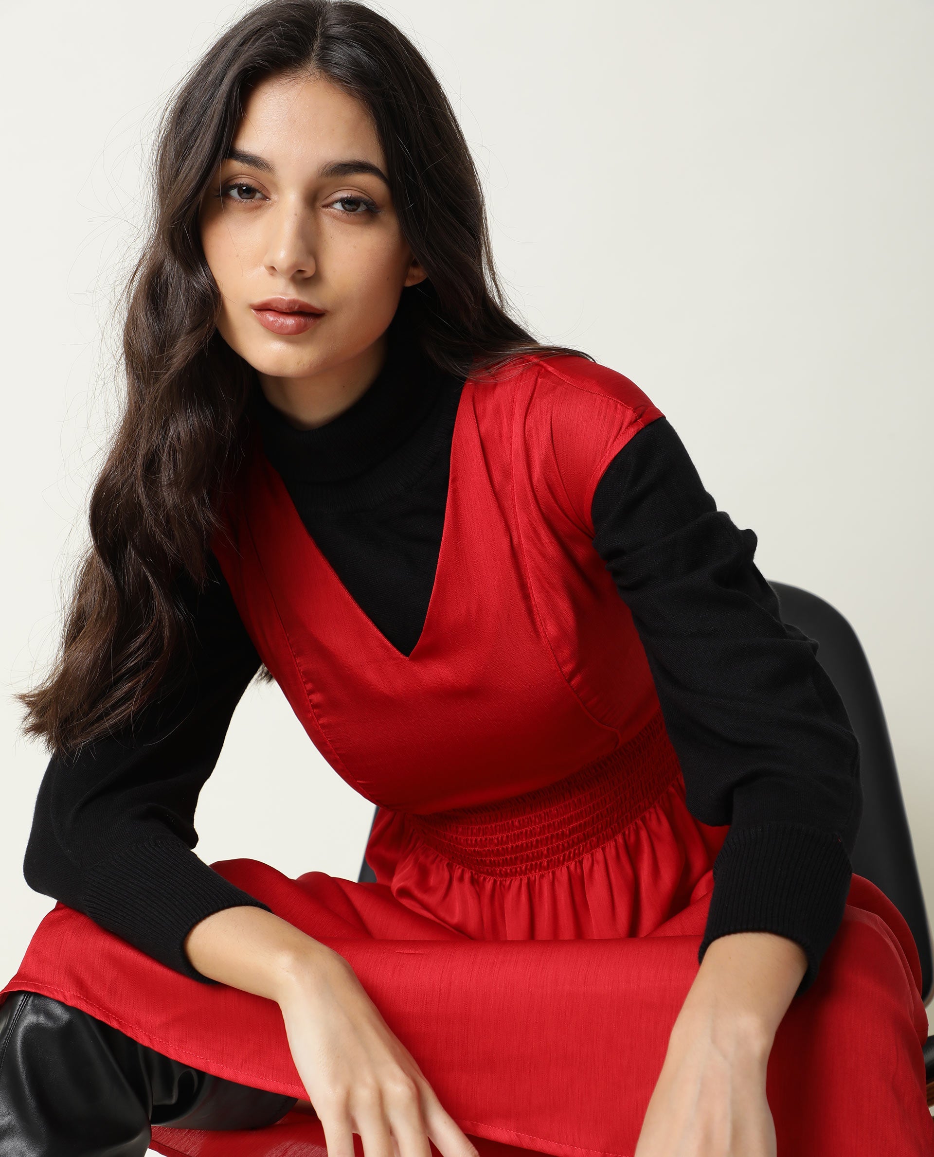 Rareism Women Milux Red V Neck Calf Sleeves Smocking Waist Knee Length Dress