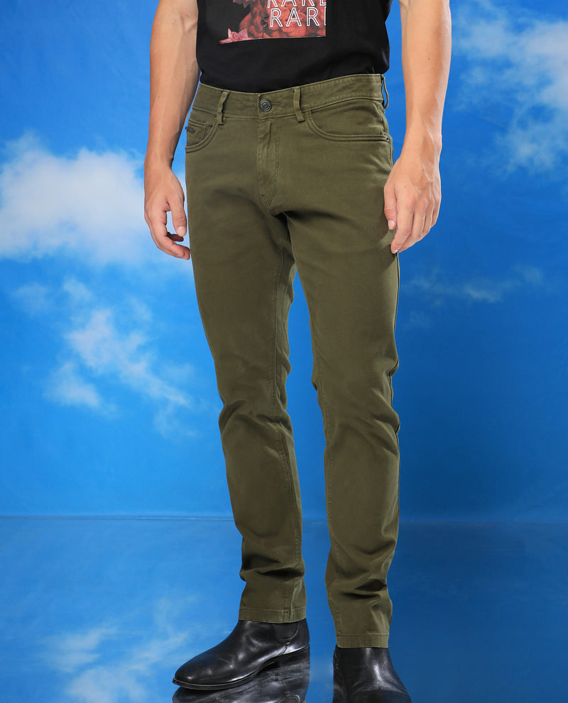Rare Rabbit Men's Fiv5S Olive Solid Mid-Rise Slim Fit Trouser