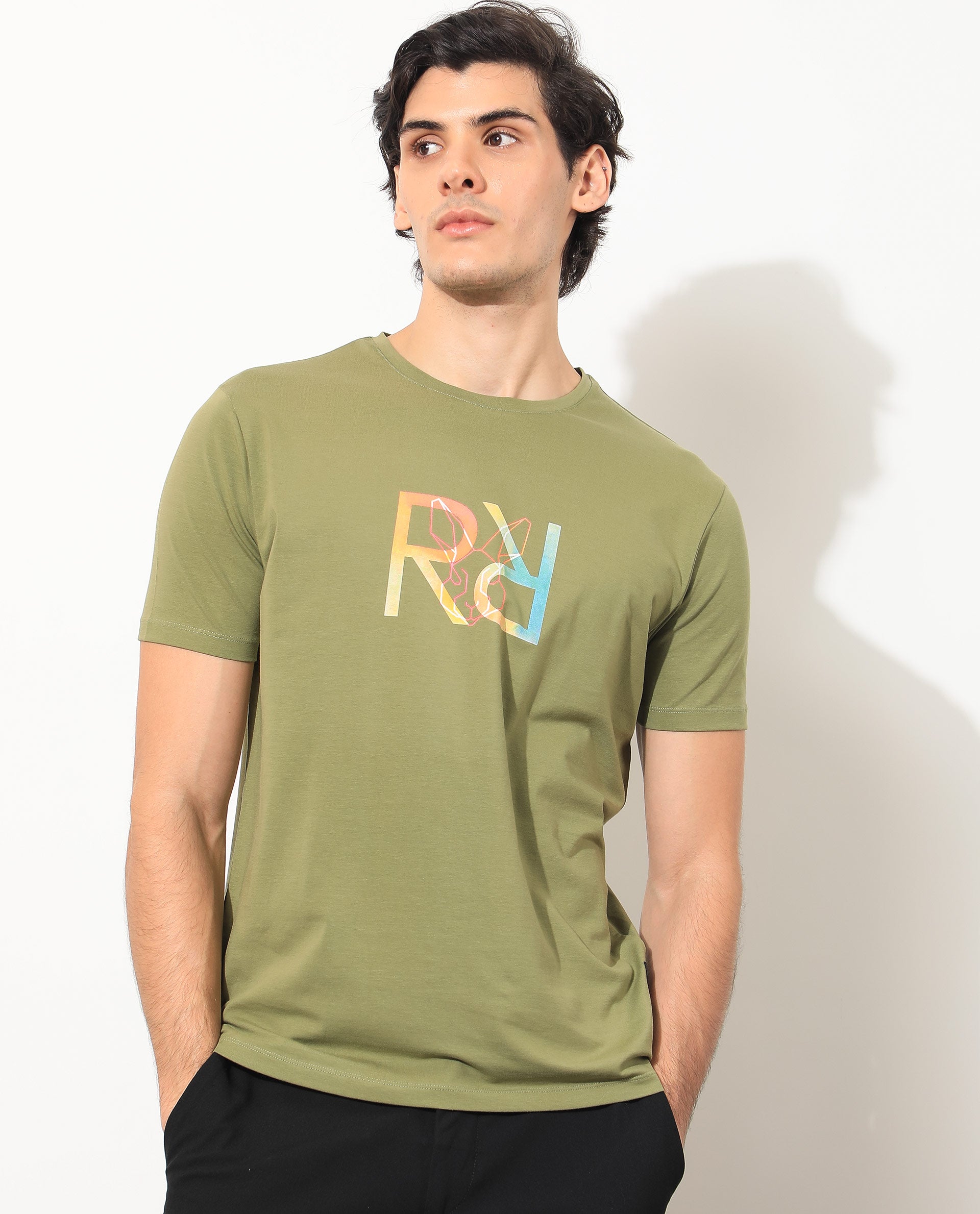 Rare Rabbit Men's Tack Olive Crew Neck Graphic Printed Half Sleeves Slim Fit T-Shirt