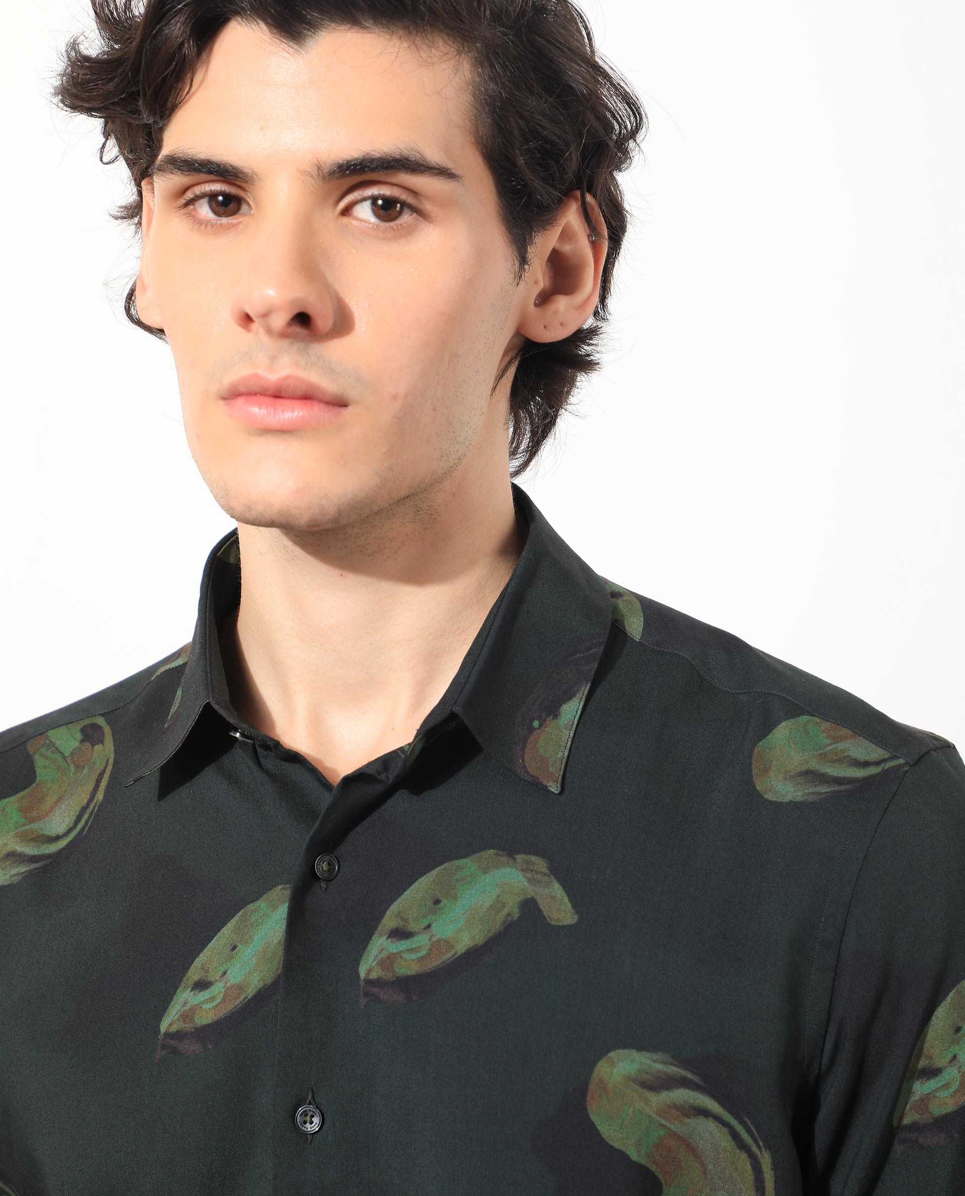 Rare Rabbit Men's Inari Dark Green Viscose Fabric Abstract Print Full Sleeves Shirt