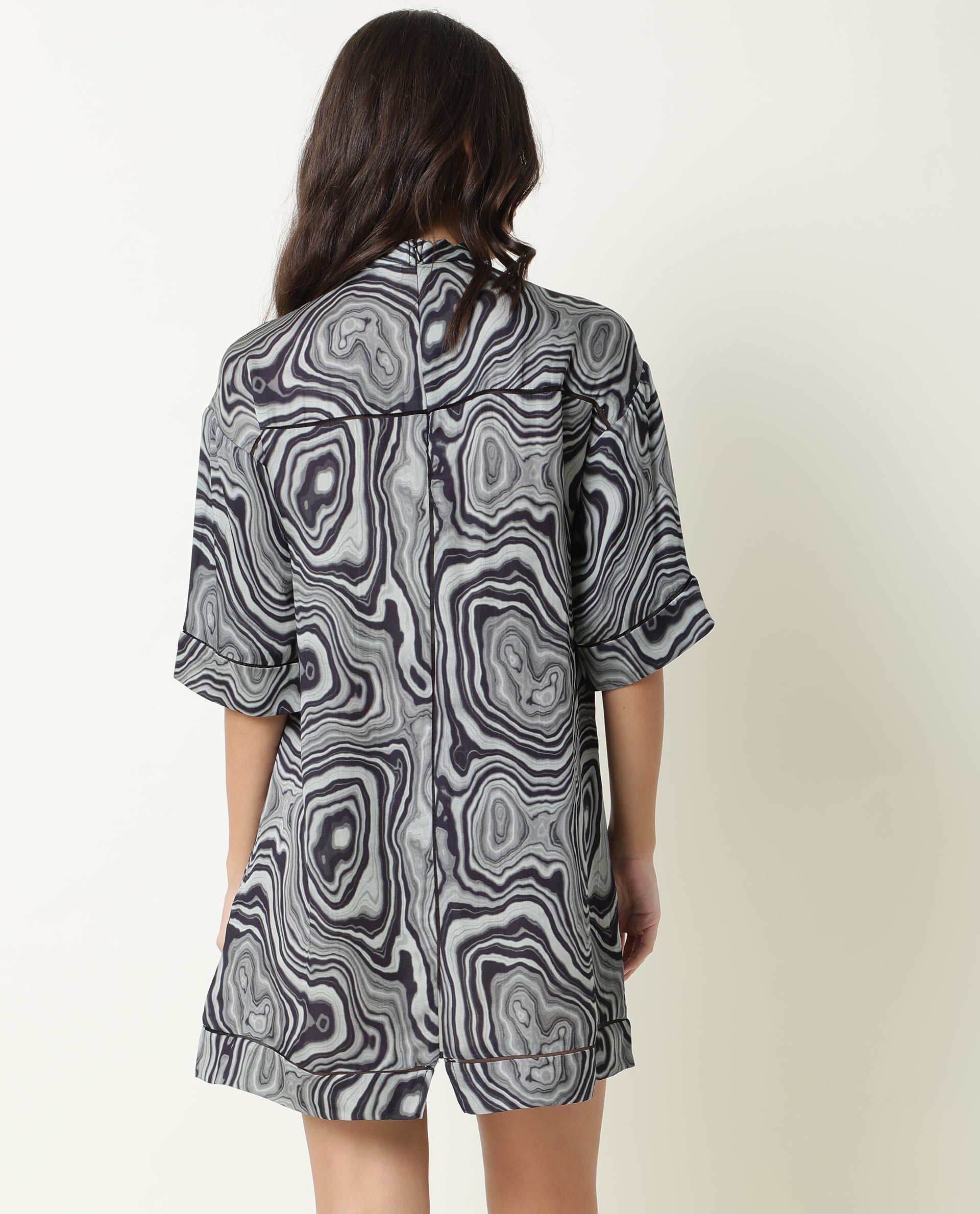 Rareism Women Favor Black Abstract Print High Neck Half Sleeves Mini Dress