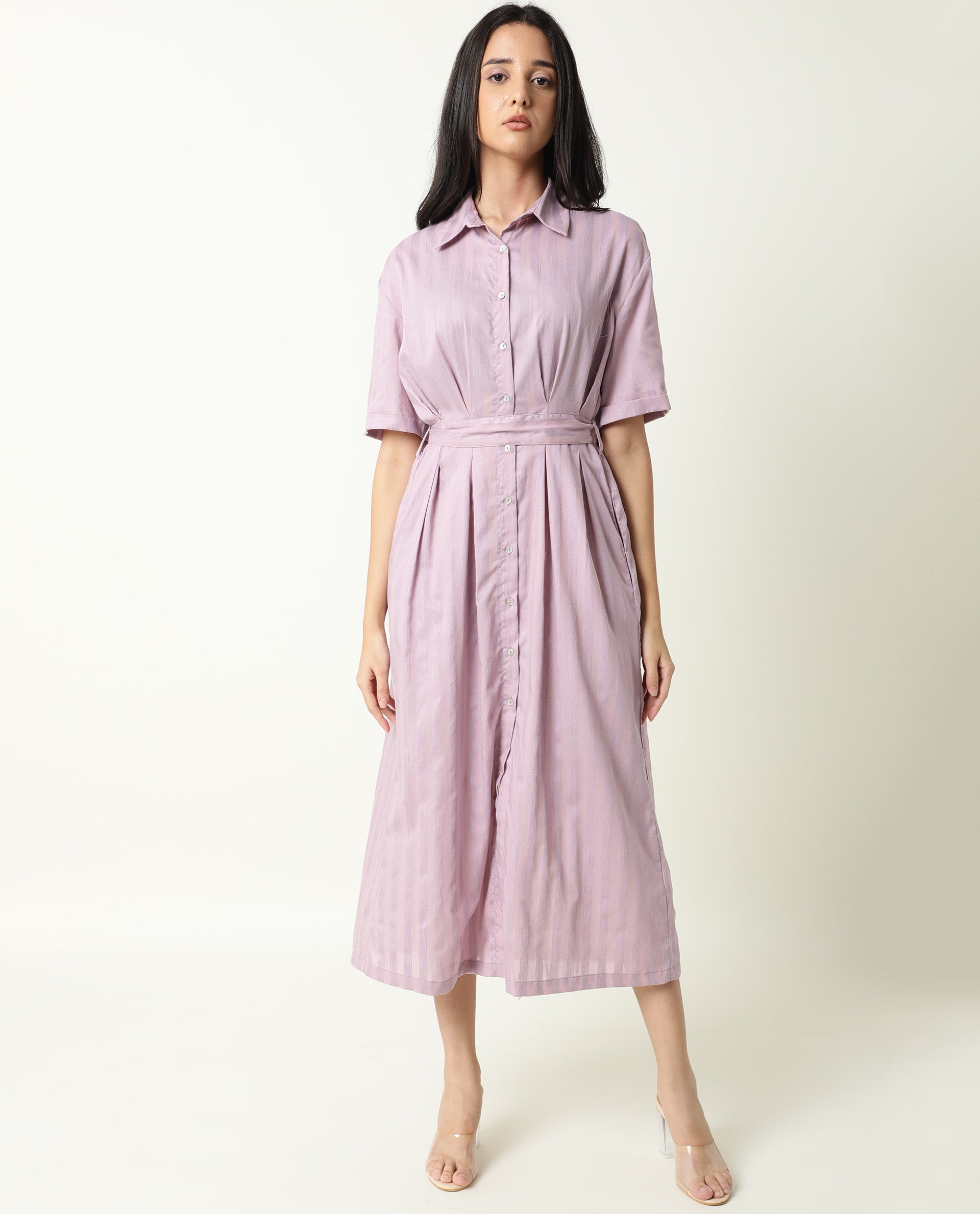 Rareism Women Paris Pink Shirt Collar Short Sleeves Front Full Button Closure Placket Fabric Tie Up Belt Pocket Midi Dress