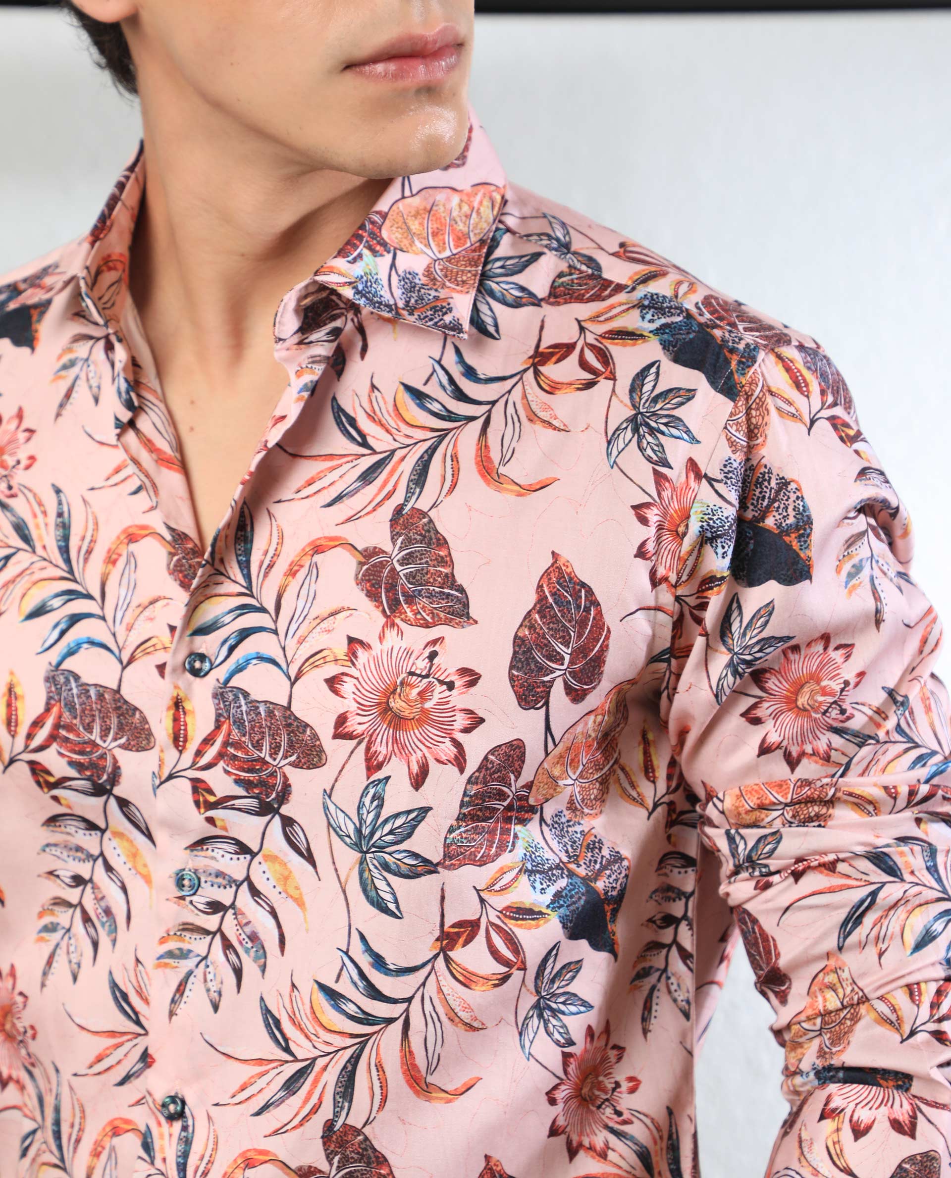 Rare Rabbit Men's Mison Pink Cotton Floral Print Regular Fit Full Slee