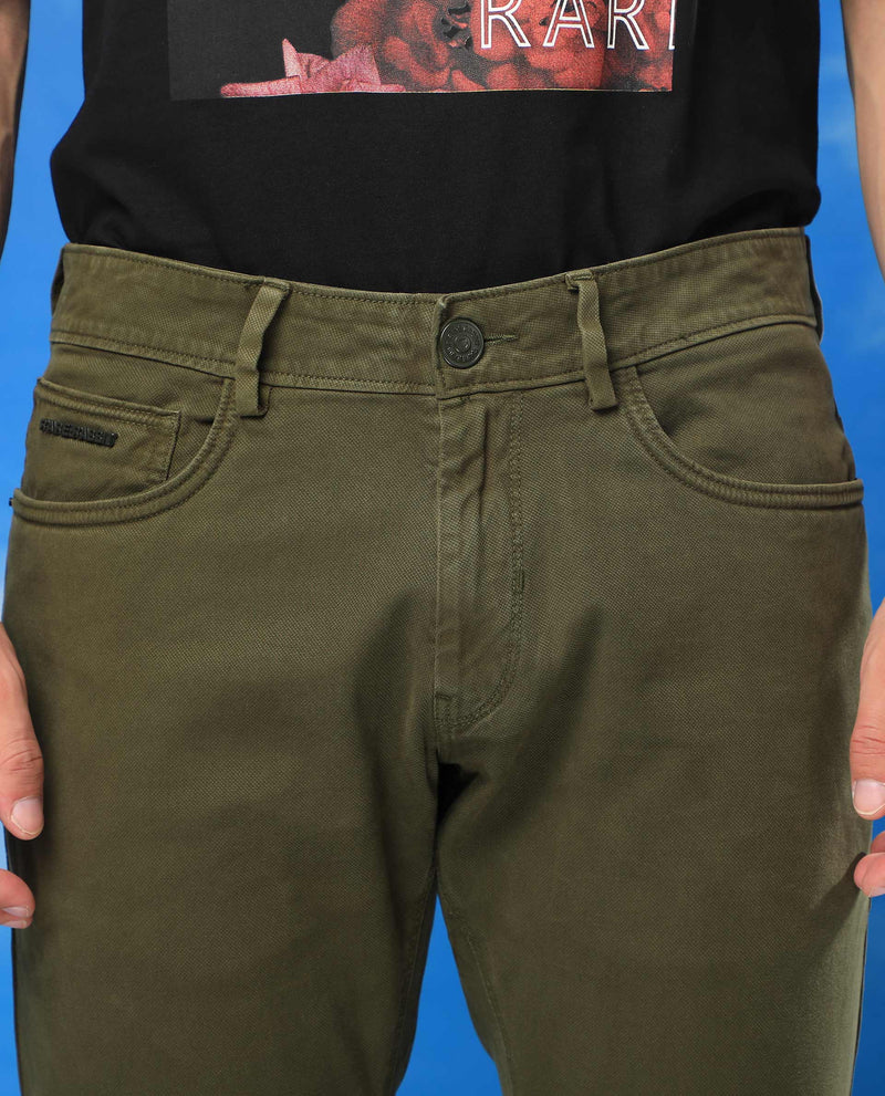 Rare Rabbit Men's Fiv5S Olive Solid Mid-Rise Slim Fit Trouser