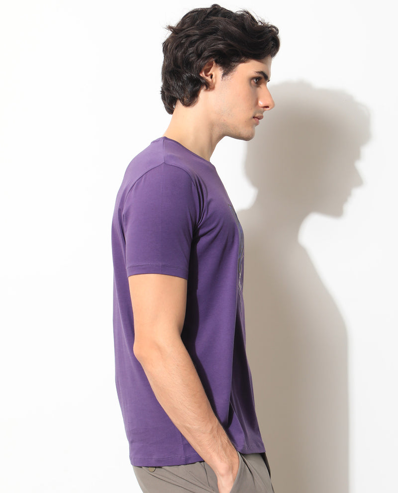 Rare Rabbit Men's Fulton Purple Crew Neck Abstract Graphic Print With Branding Half Sleeves Regular Fit T-Shirt