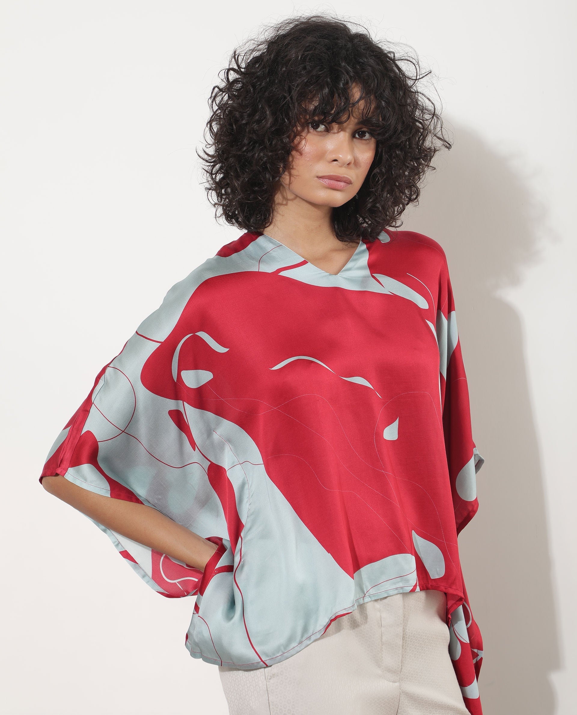 Rareism Women Alyse Maroon Modal Fabric Regular Fit V-Neck Half Sleeves Abstract Print Top