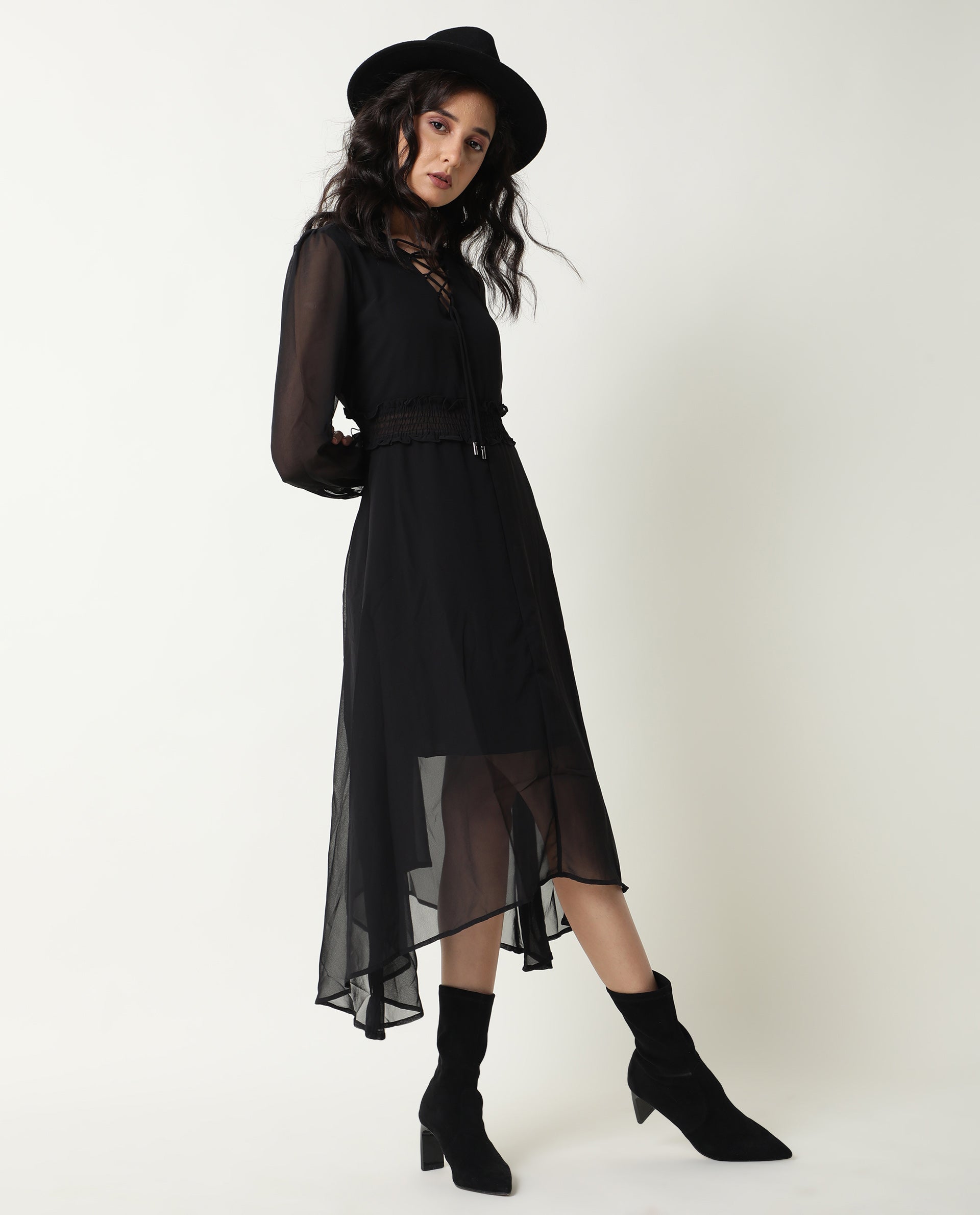 Rareism Women Ommet Black V Neck Criss Cross Tie Up Neckline Full Sleeve Smocked Waist Panel Asymmetric Knee Length Dress