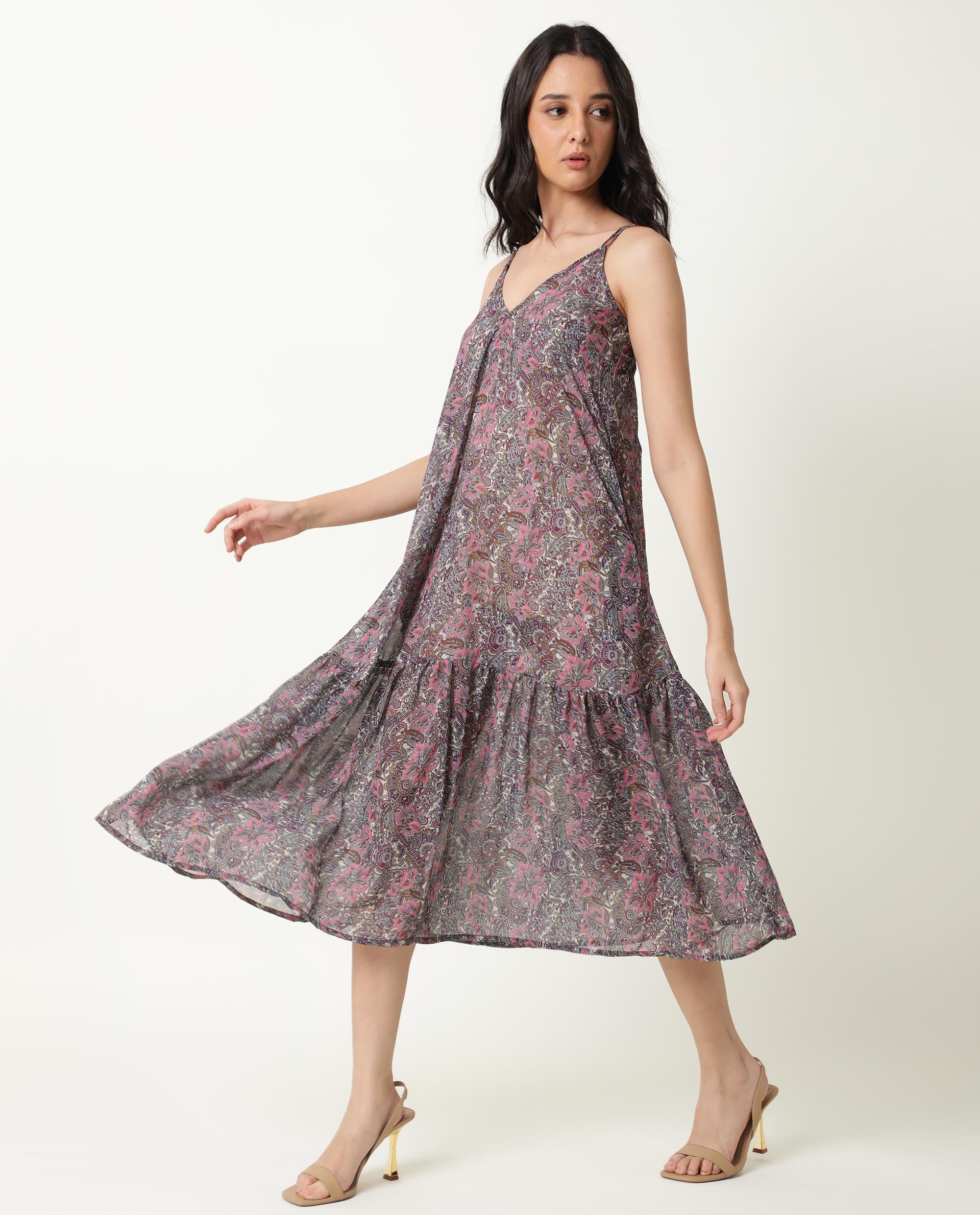 Rareism Women Hilda Pink Abstract Print V Neck Double Spaghetti Straps Tiered Midi Dress