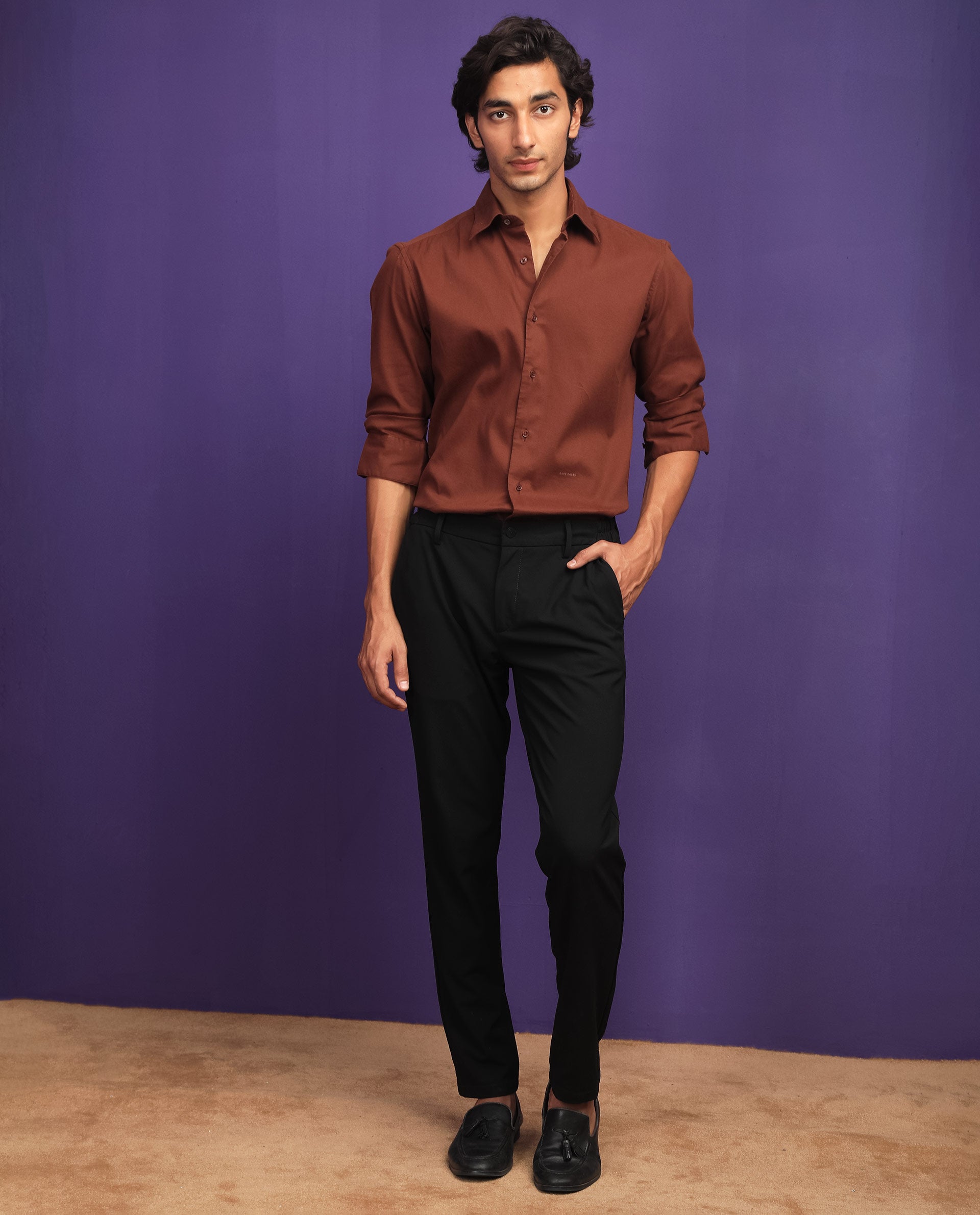 Rare Rabbit Men's Bicton Brown Cotton Lycra Fabric Full Sleeves Solid Twill Shirt