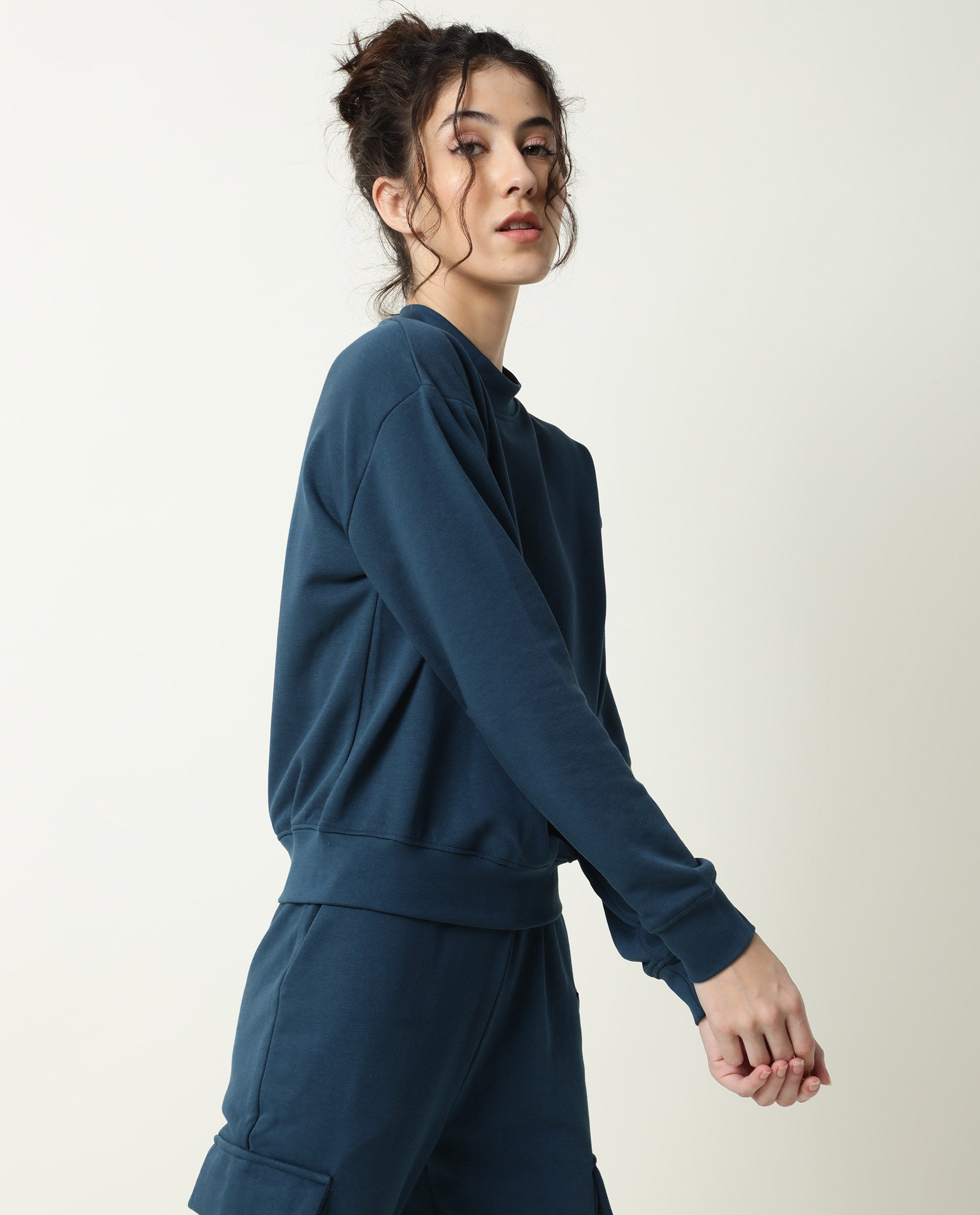 Rareism Women Necker Petrol  Relaxed Fit Full Sleeves Solid High Neck Sweatshirt