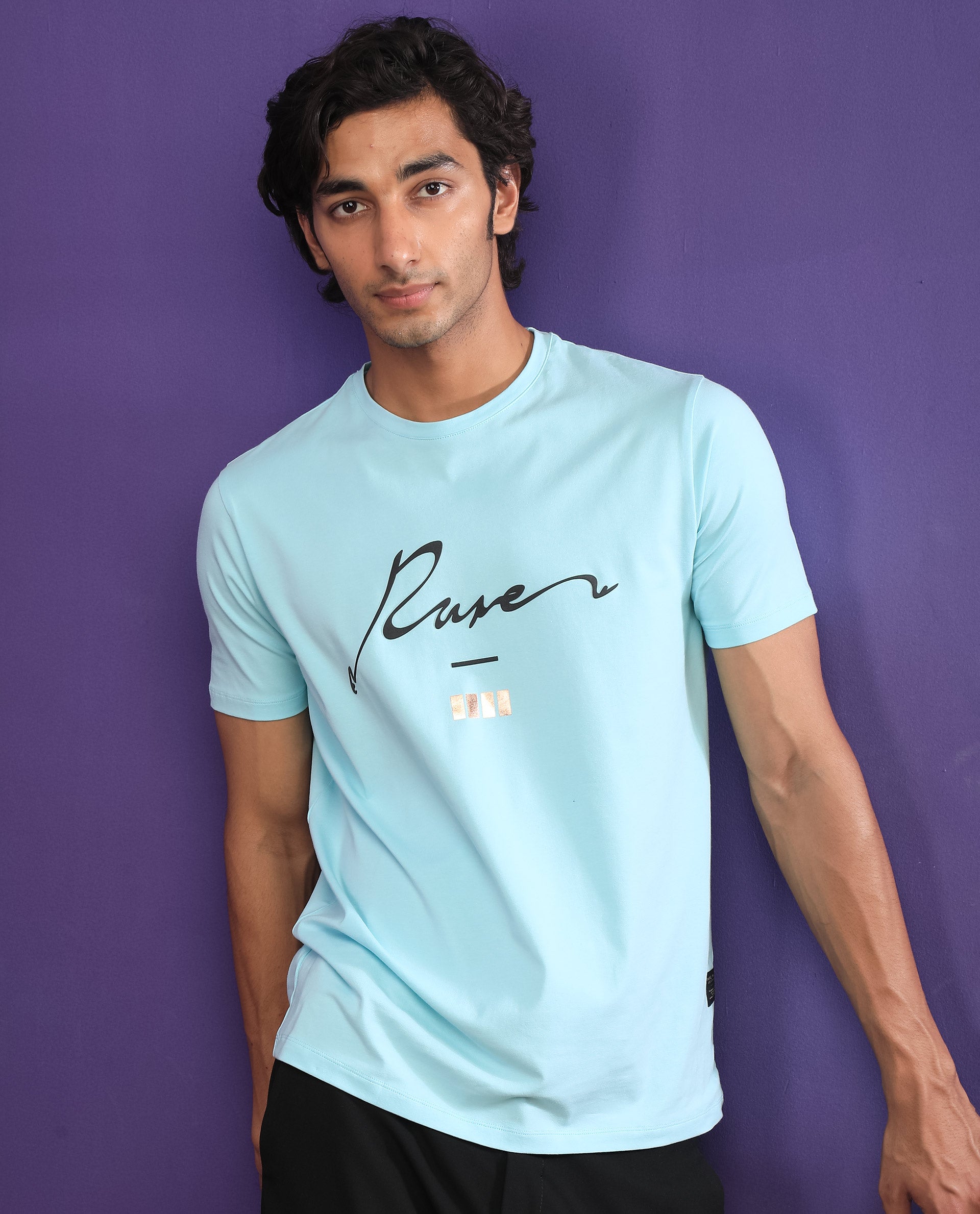 Rare Rabbit Men's Italicc Blue Crew Neck Branded Signature Half Sleeves Slim Fit T-Shirt