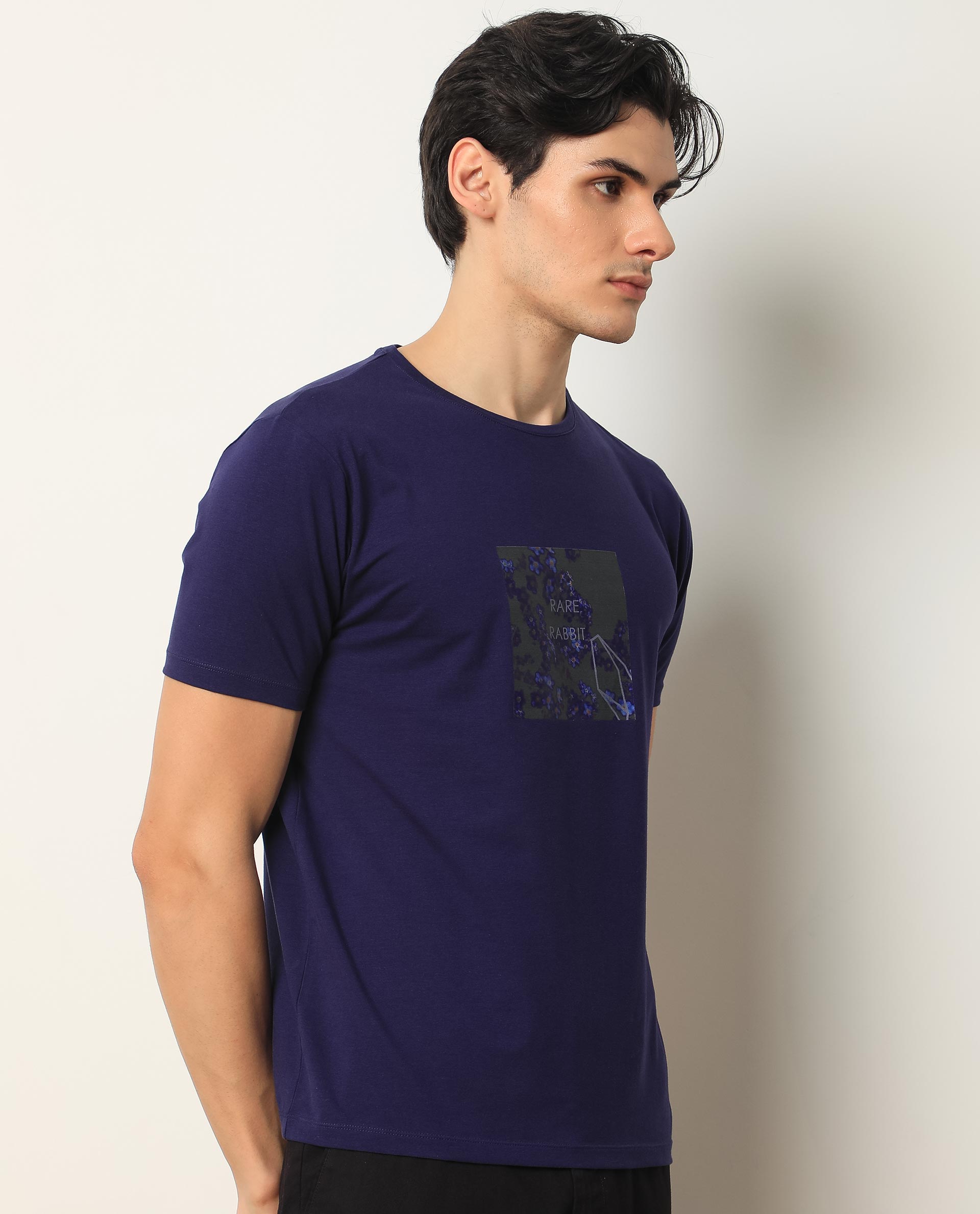 Rare Rabbit Men's Capri Purple Crew Neck Graphic Printed Half Sleeves Slim Fit T-Shirt