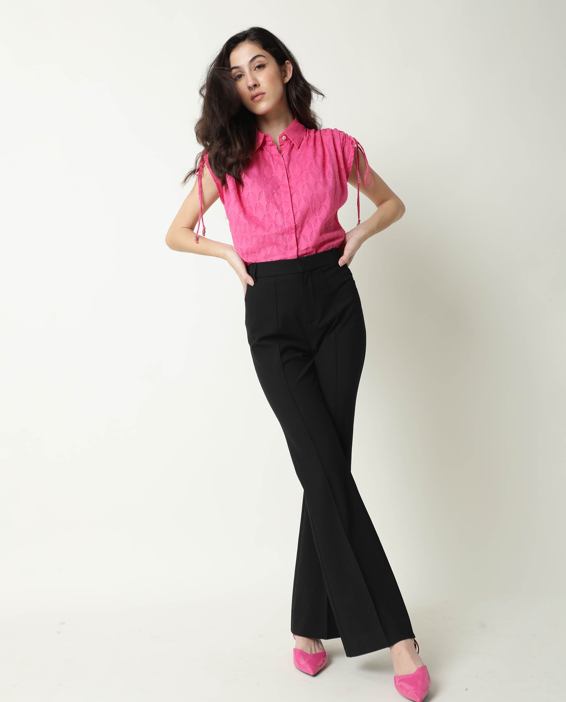 Rareism Womens Majesty Pink Top Cotton Fabric Comfortable Fit Half Sleeve Collared Neck