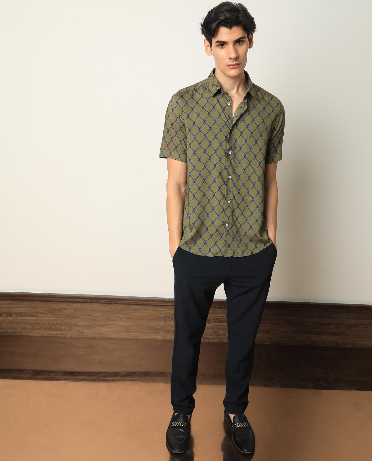Rare Rabbit Men'S Beldon Olive Short Sleeves Collared Neck Slim Fit