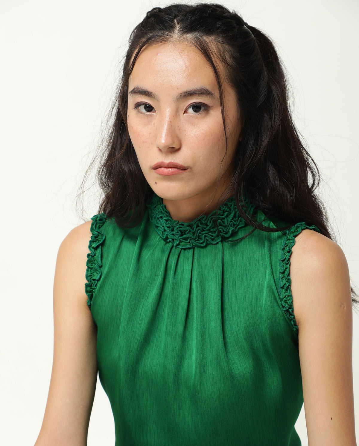 Rareism Womens Baileys Green Top Polyester Fabric  Sleeveless Ruffled Neck