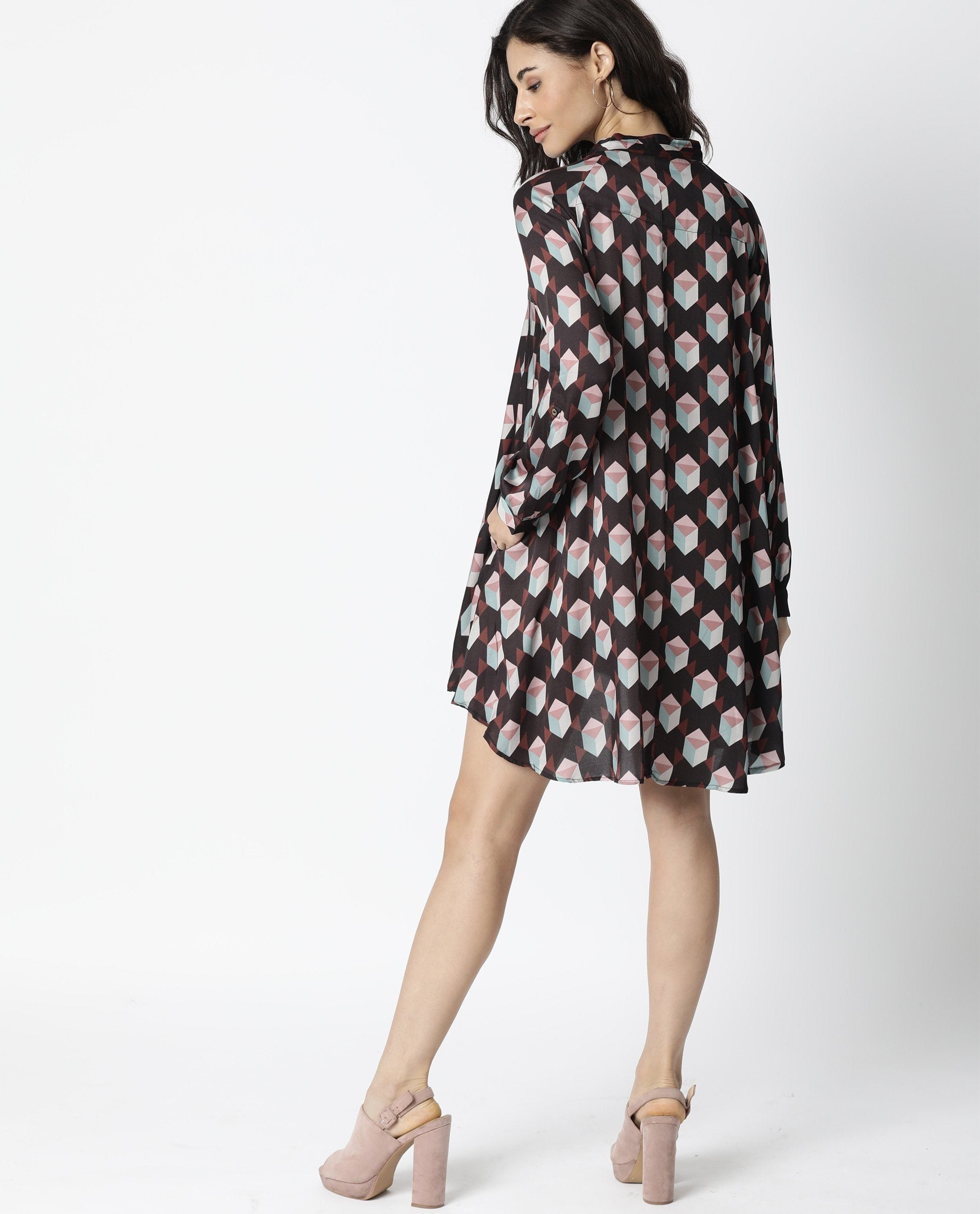 Rareism Women Engine Brown Dress Full Sleeves Printed