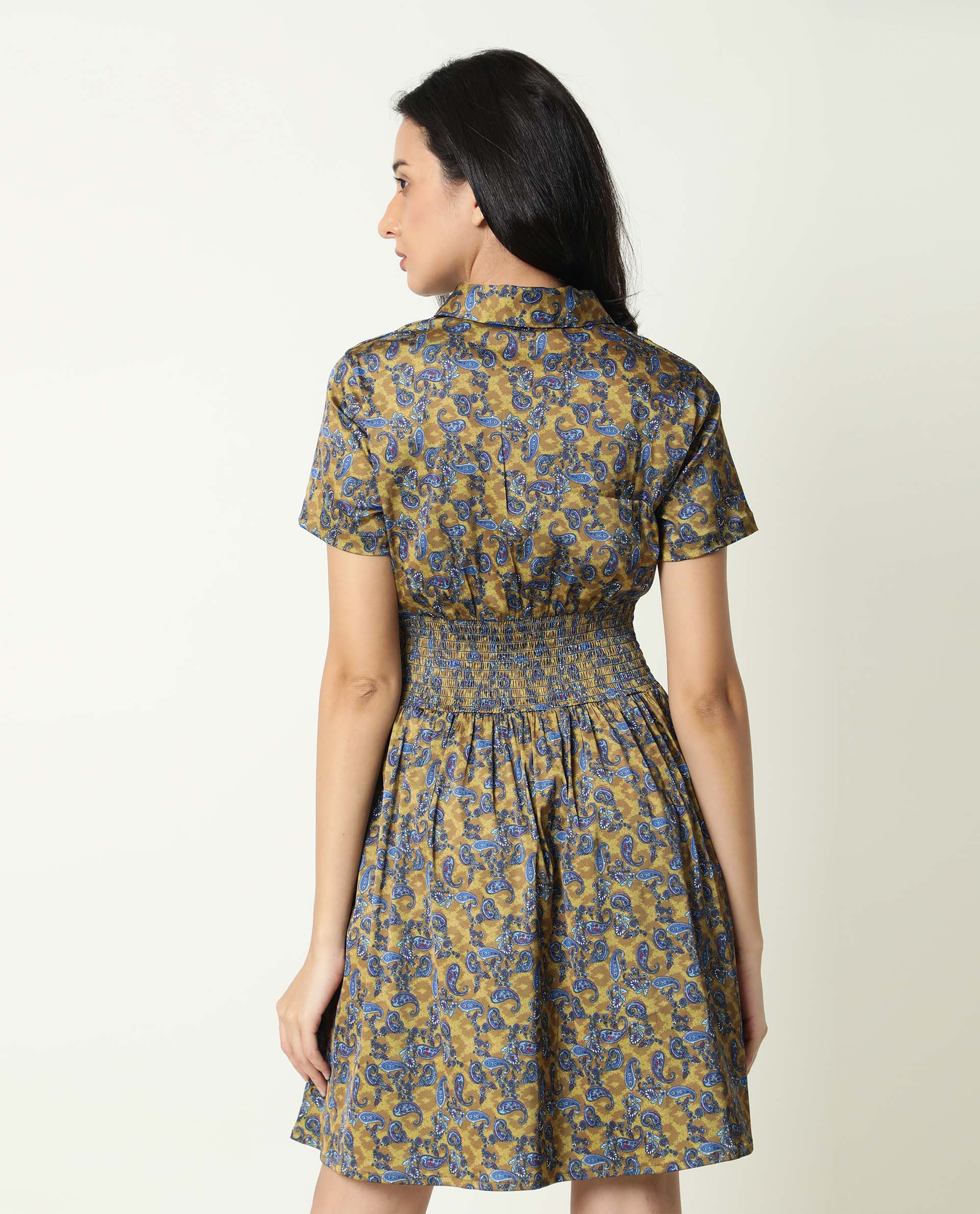 Rareism Women Joss Light Olive Paisley Print Overlap Lapel Collar Short Sleeves Smocked Elastic Waist Mini Dress