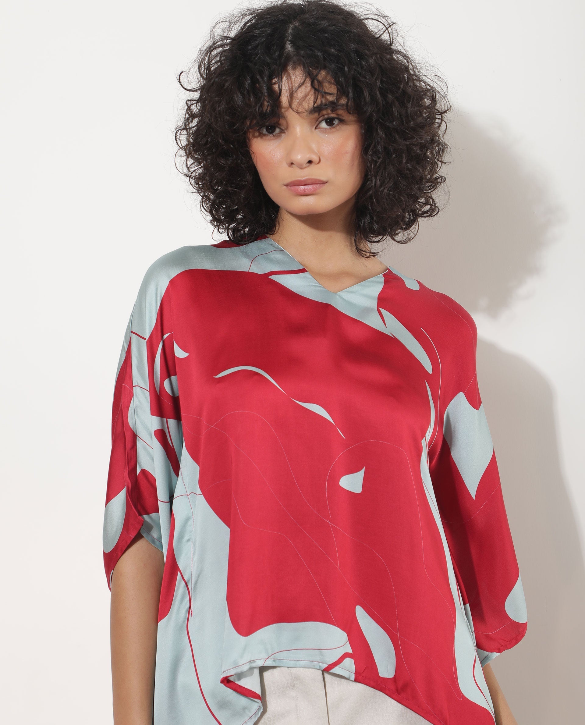 Rareism Women Alyse Maroon Modal Fabric Regular Fit V-Neck Half Sleeves Abstract Print Top