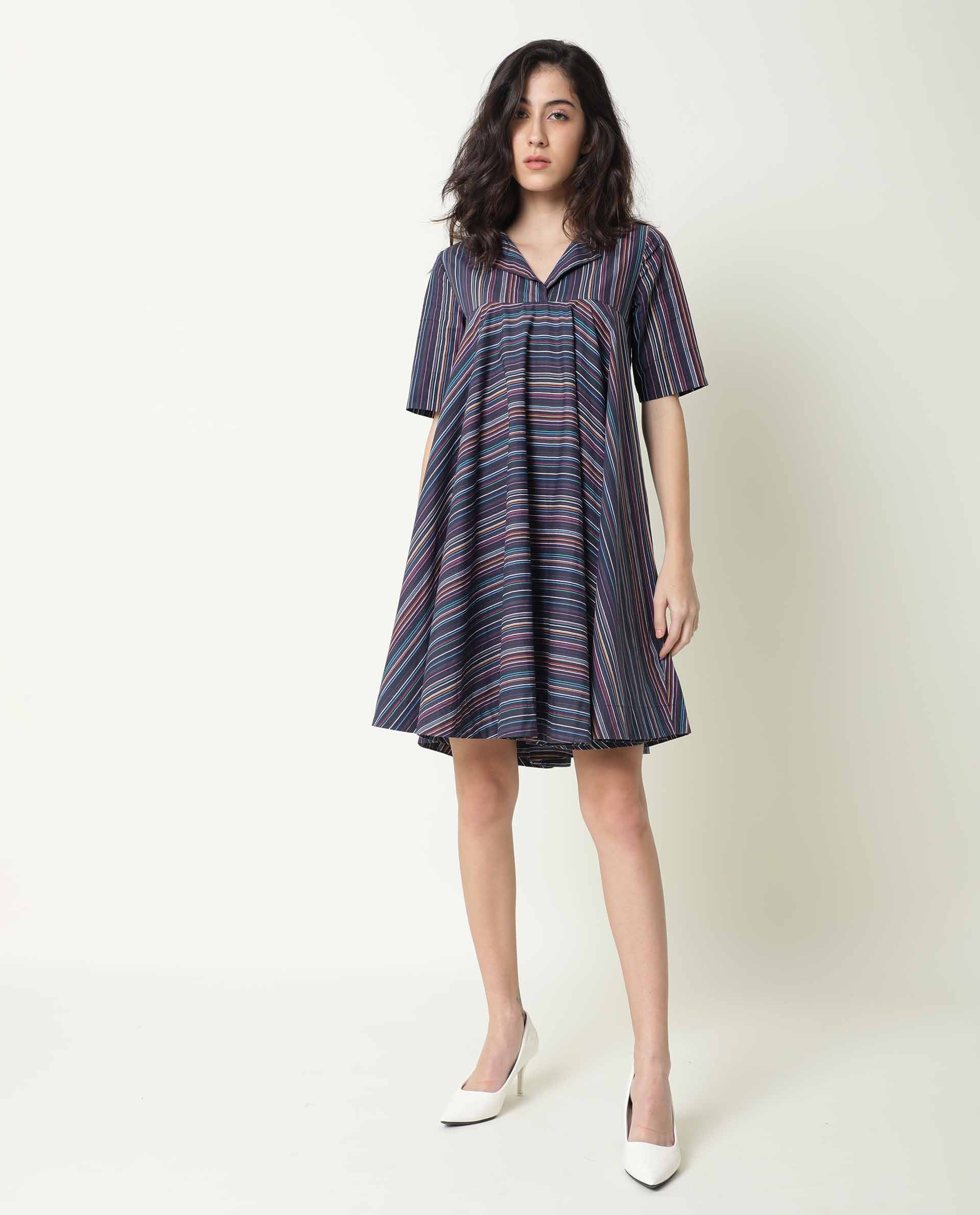 Rareism Womens Rafal Black Dress Cotton Fabric Relaxed Fit Half Sleeve Overlap Neck