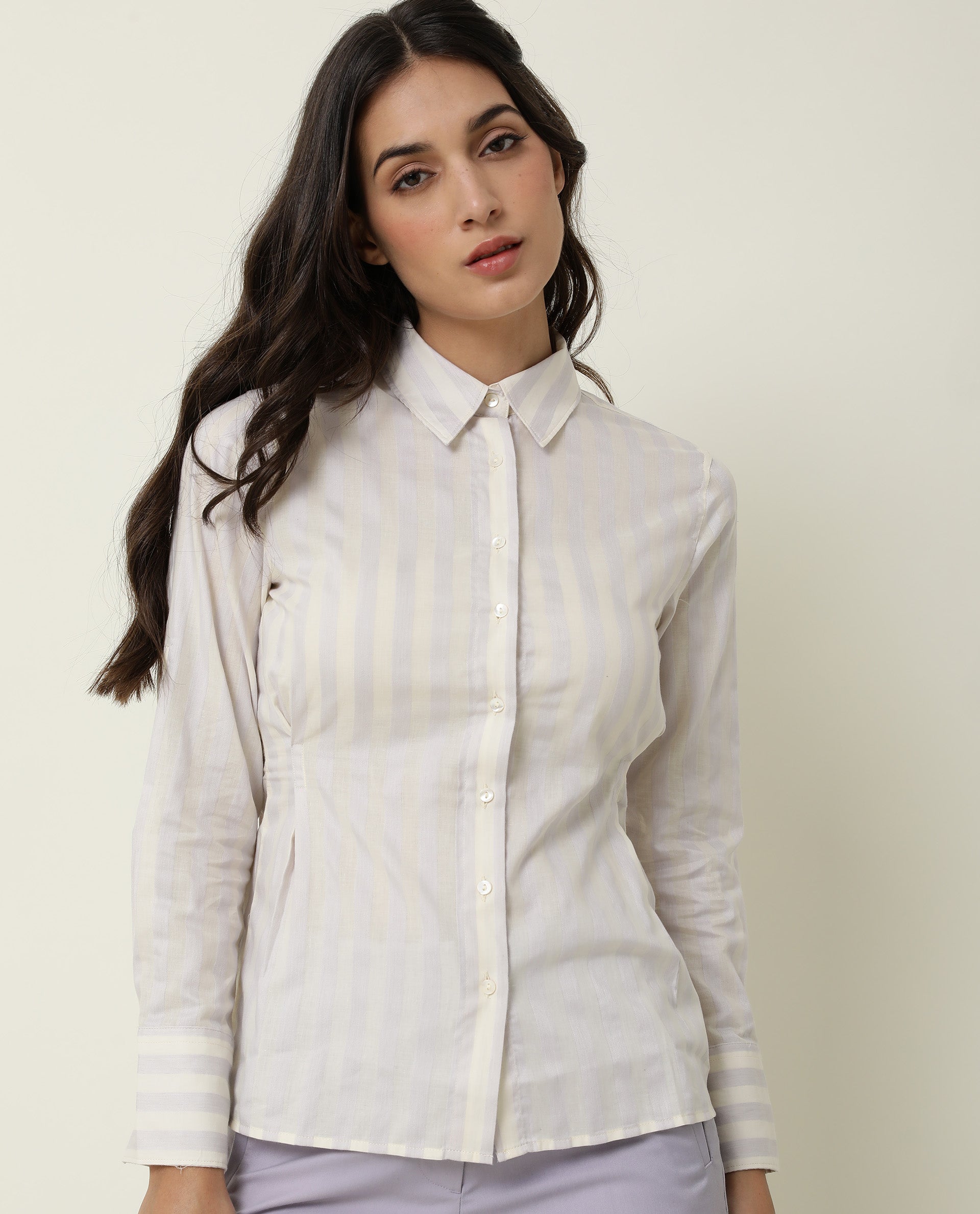 Rareism Women Pickle Yellow Cotton Fabric Regular Fit Shirt Collar Full Sleeves Striped Top