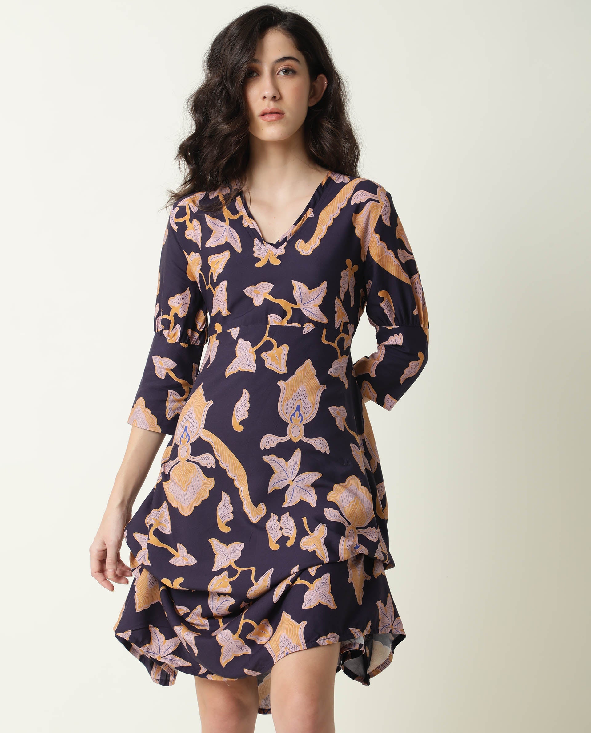 Rareism Women Kenna Navy Abstract Print V Neck 3/4 Sleeves Asymmetric Knee Length Dress