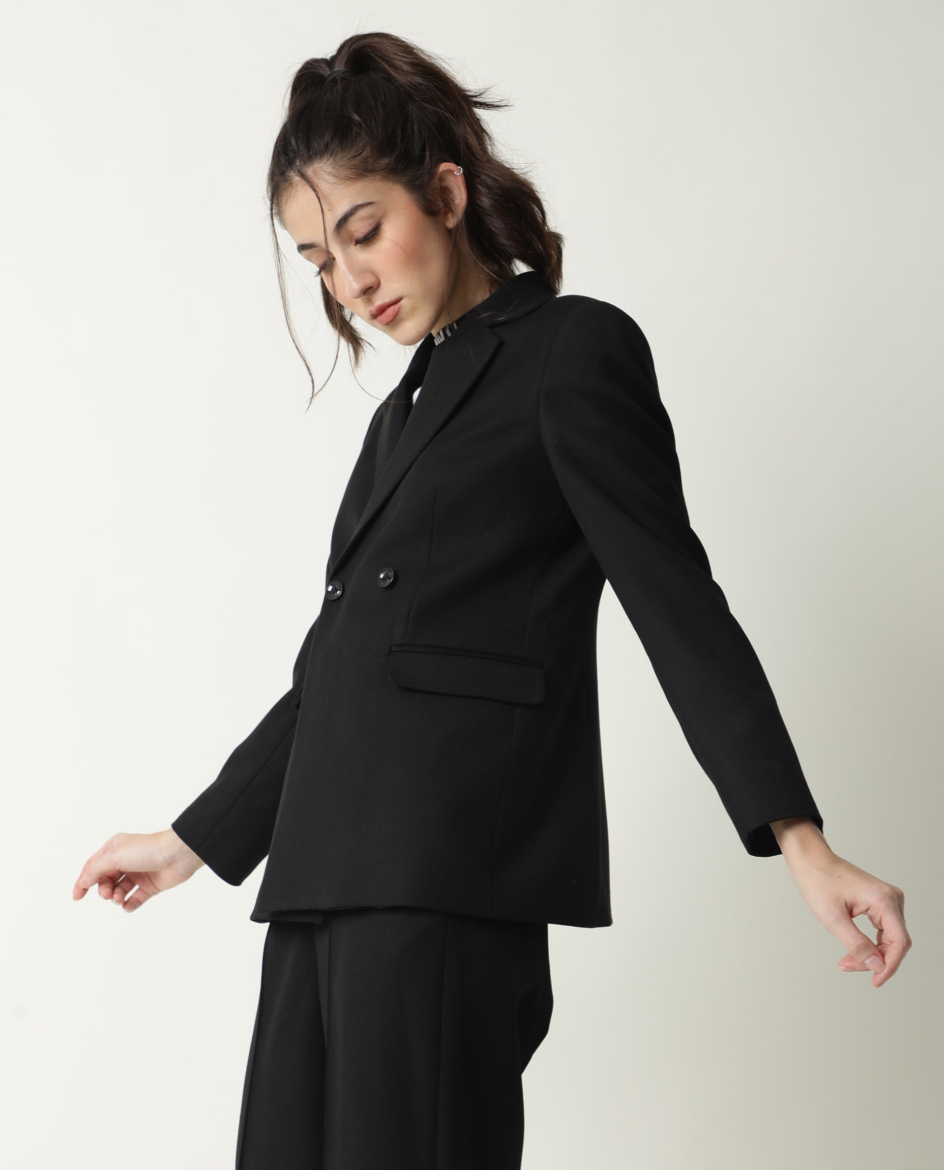 Rareism Womens Yara Black Blazer Poly Viscose Elastane Fabric Regular Fit Full Sleeve Lapel Neck