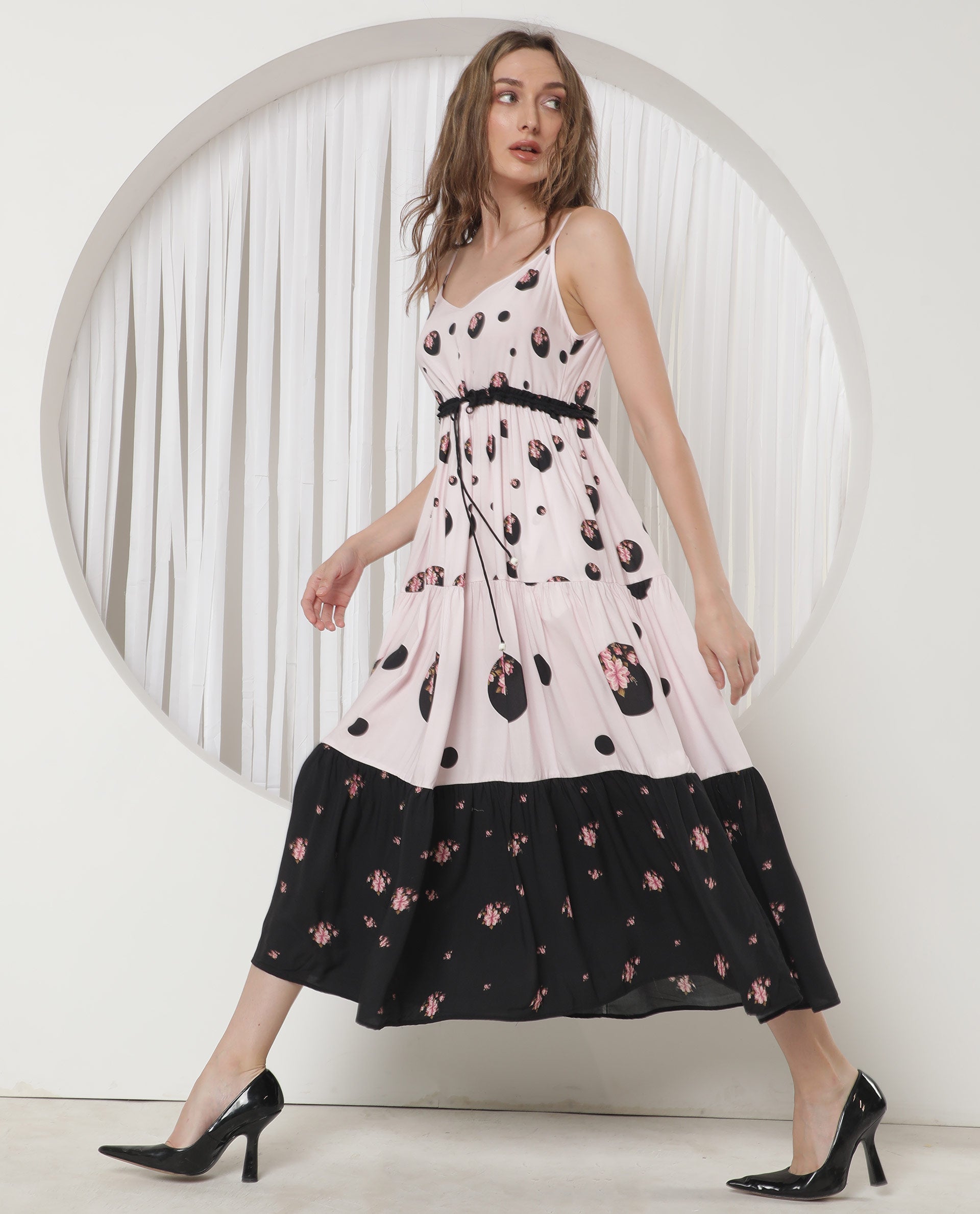 Rareism Women Lavandula Light Pink Polyester Fabric Sleeveless Shoulder Straps Relaxed Fit Polka Midi Tiered Dress