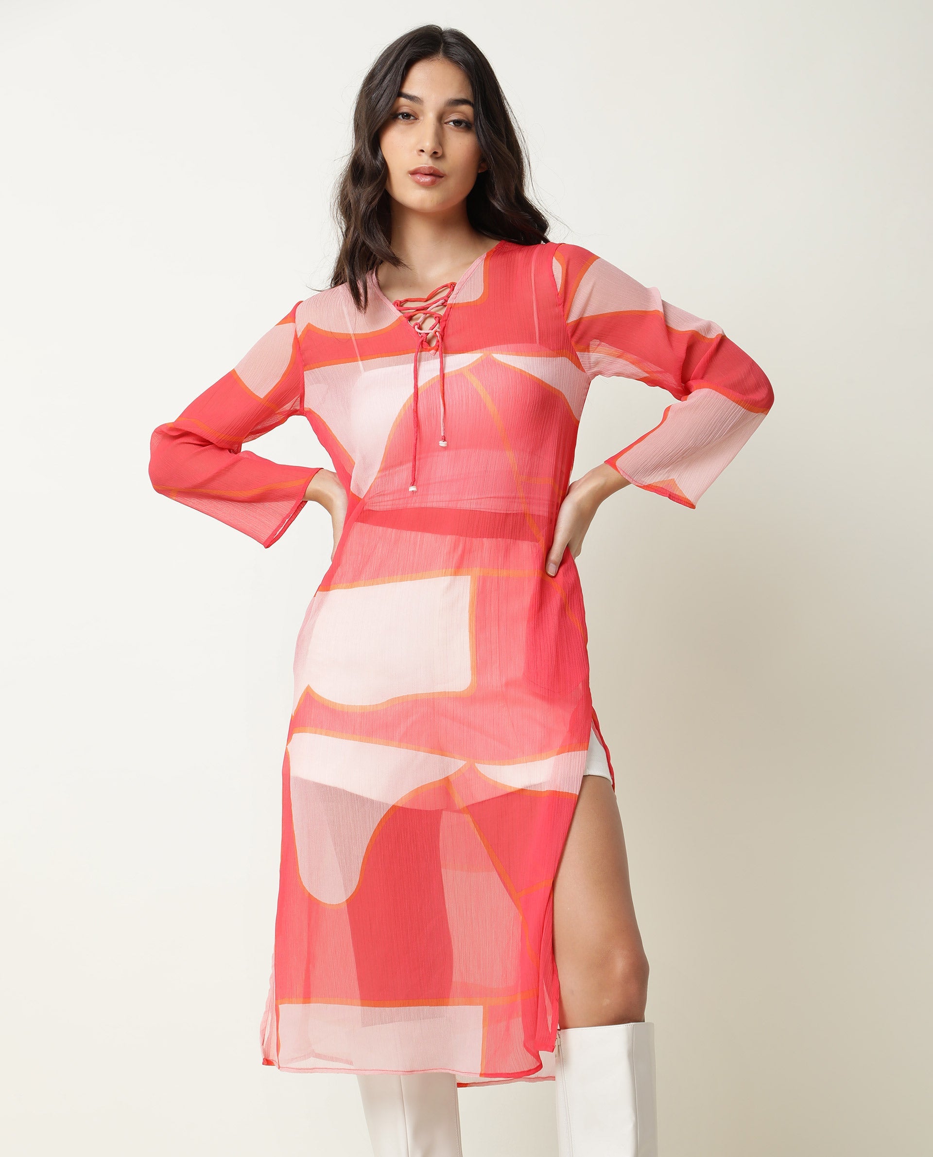 Rareism Women Benett Pink Abstract V Neck With Criss Cross Tie Up Full Sleeves Midi Dress