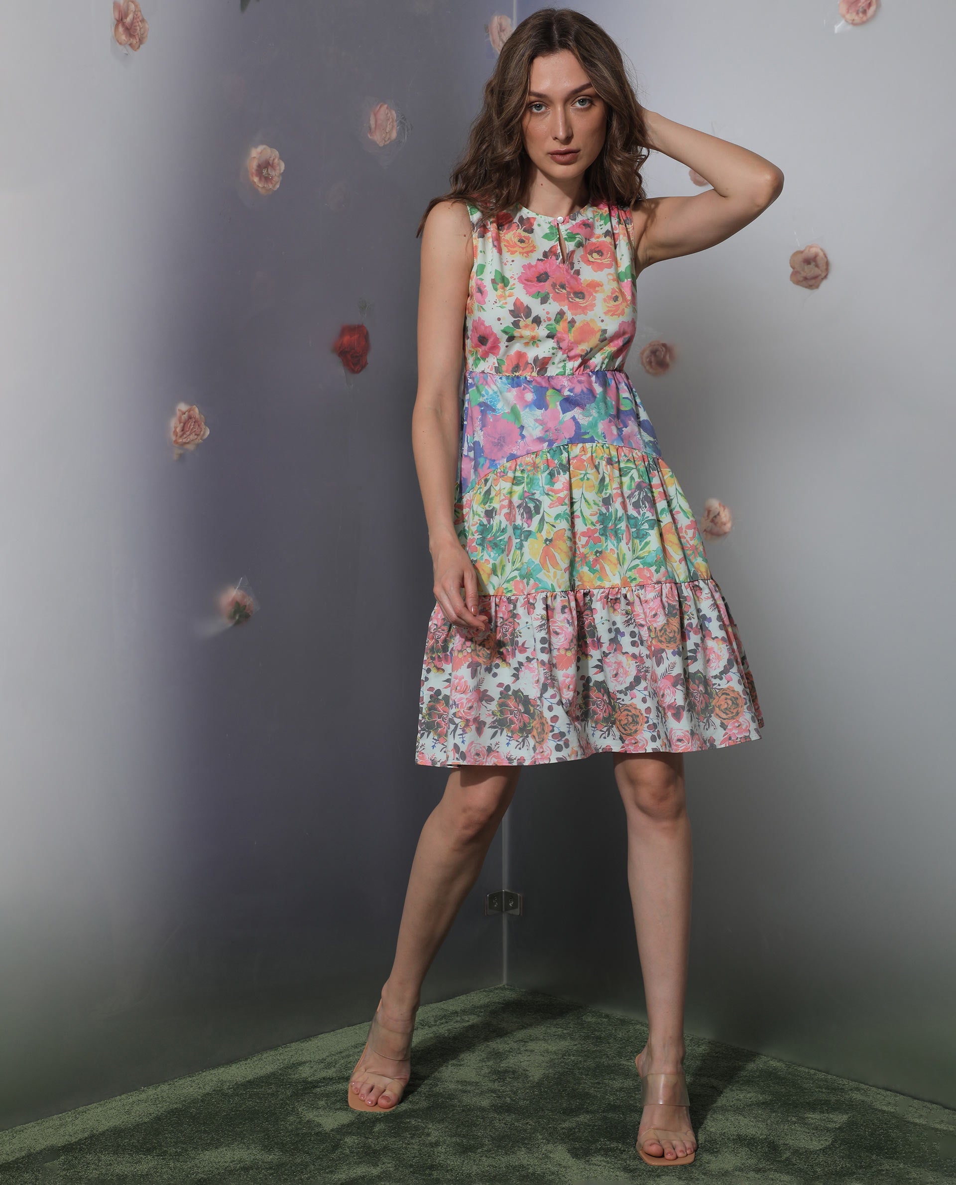 Rareism Women Carys Multi Polyester Fabric Sleeveless Key Hole Neck Regular Fit Floral Print Knee Length Tiered Dress