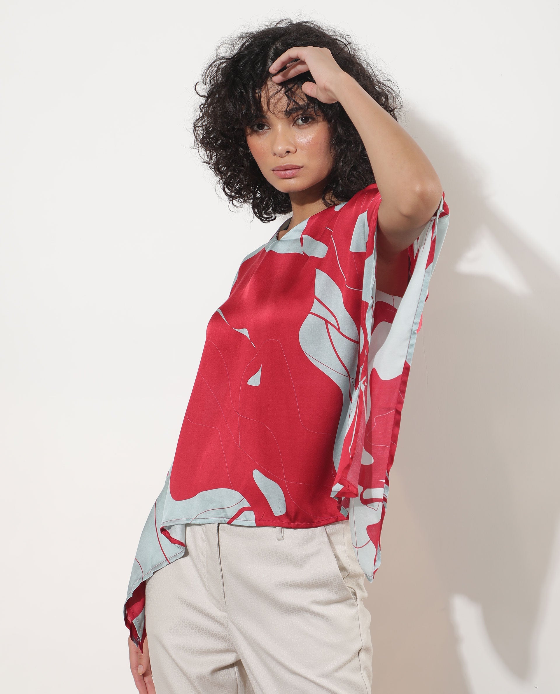 Rareism Women Alyse Maroon Modal Fabric Regular Fit V-Neck Half Sleeves Abstract Print Top