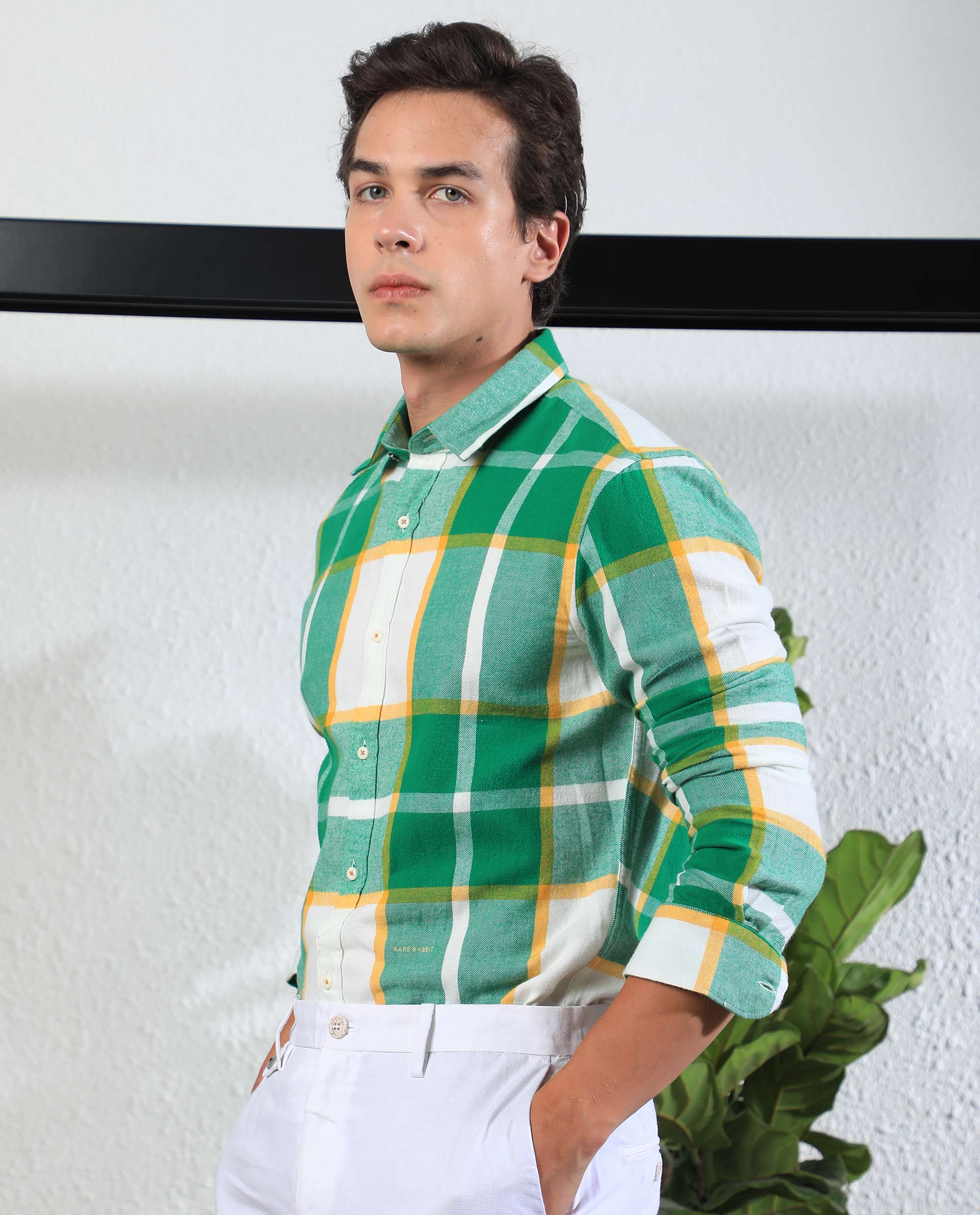 Rare Rabbit Men's Rayo Green Cotton Fabric Full Sleeves Twill Checks Shirt