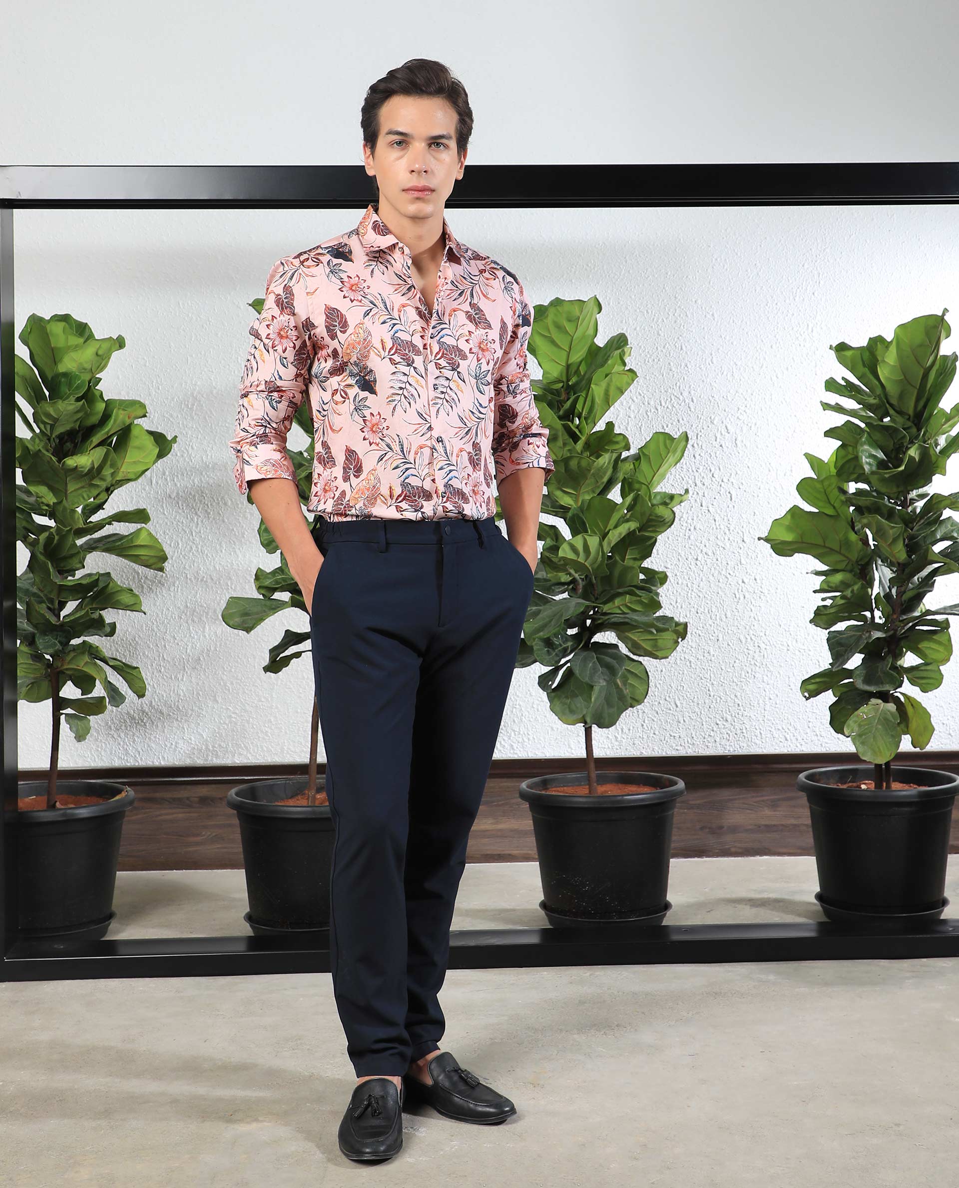 Rare Rabbit Men's Misons Pink Cotton Fabric Floral Print Full Sleeves Shirt