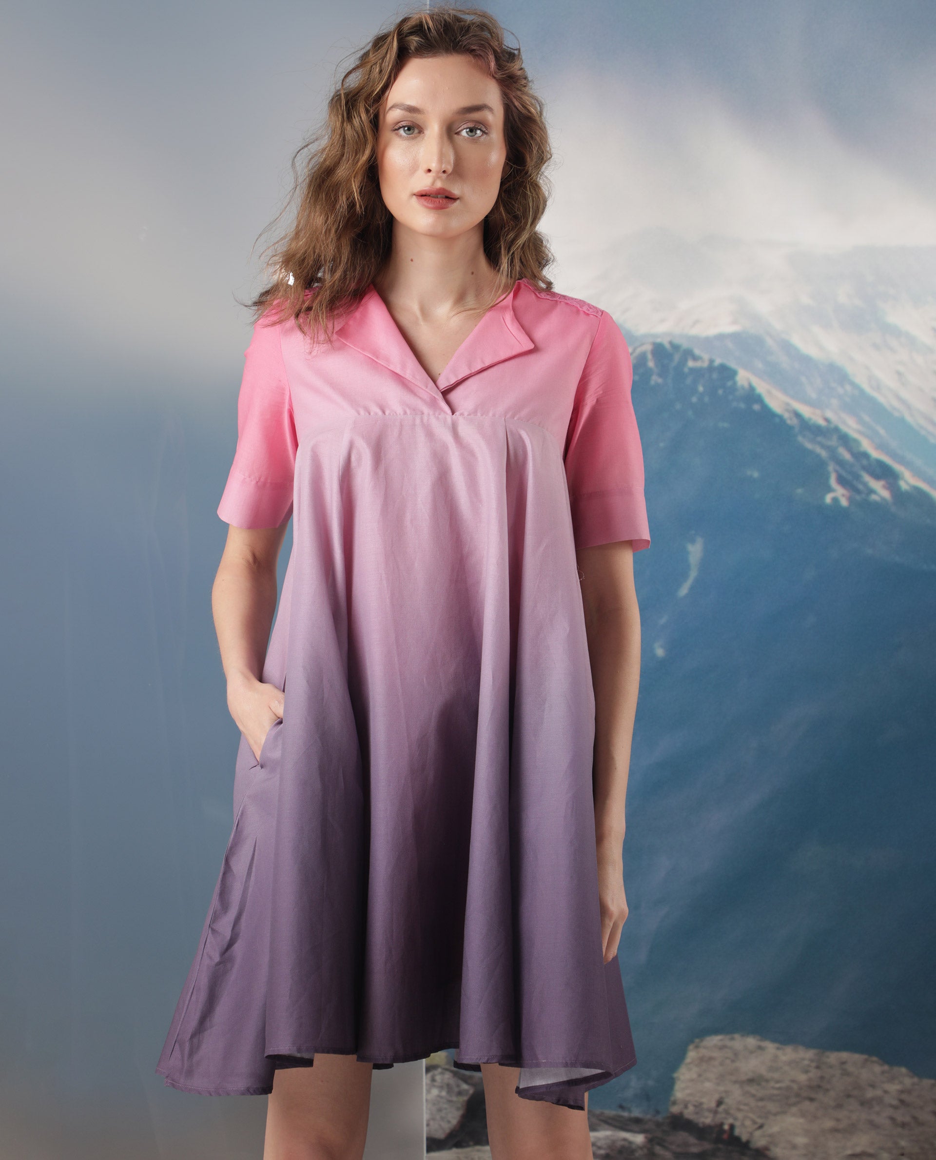 Rareism Women Celine Purple Cotton Fabric Short Sleeves Over Lap Flared Fit Ombre Knee Length Empire Dress