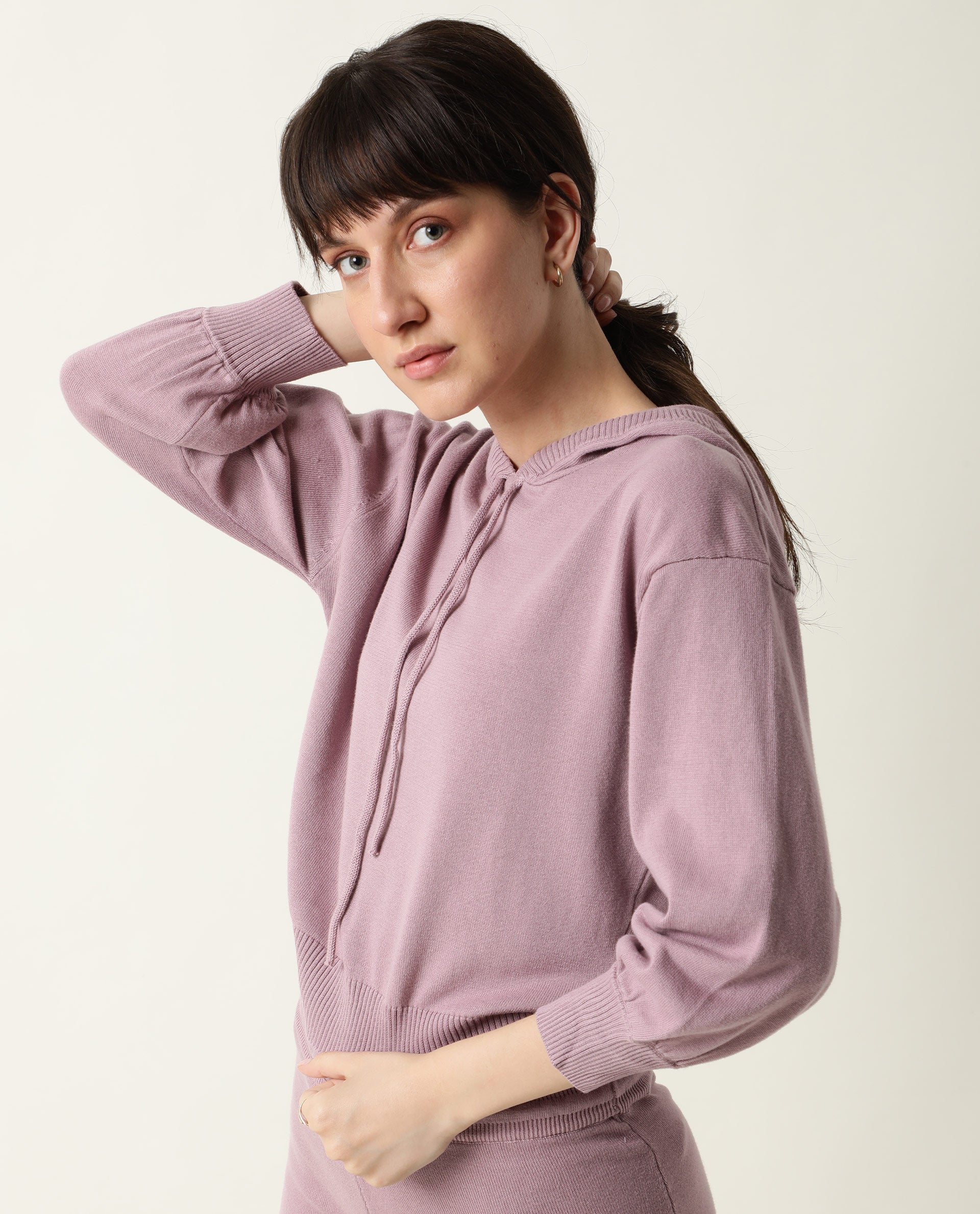 Rareism Women Finn Pastel Pink Cotton Fabric Straight Fit Full Sleeves Solid Hooded Track Suit