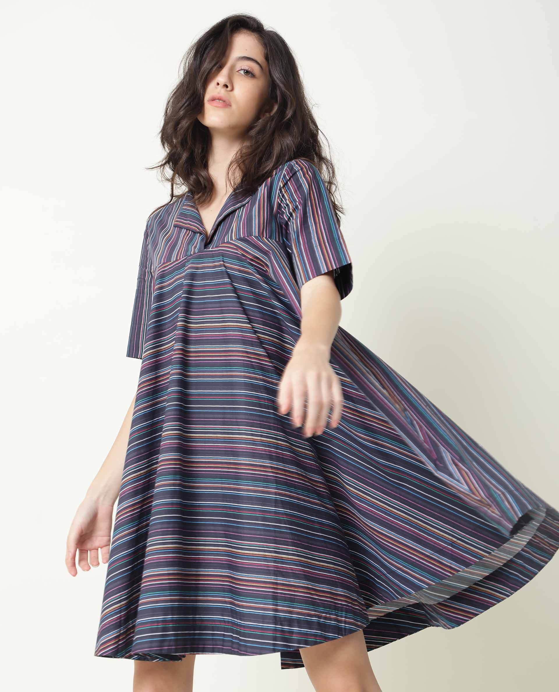 Rareism Womens Rafal Black Dress Cotton Fabric Relaxed Fit Half Sleeve Overlap Neck