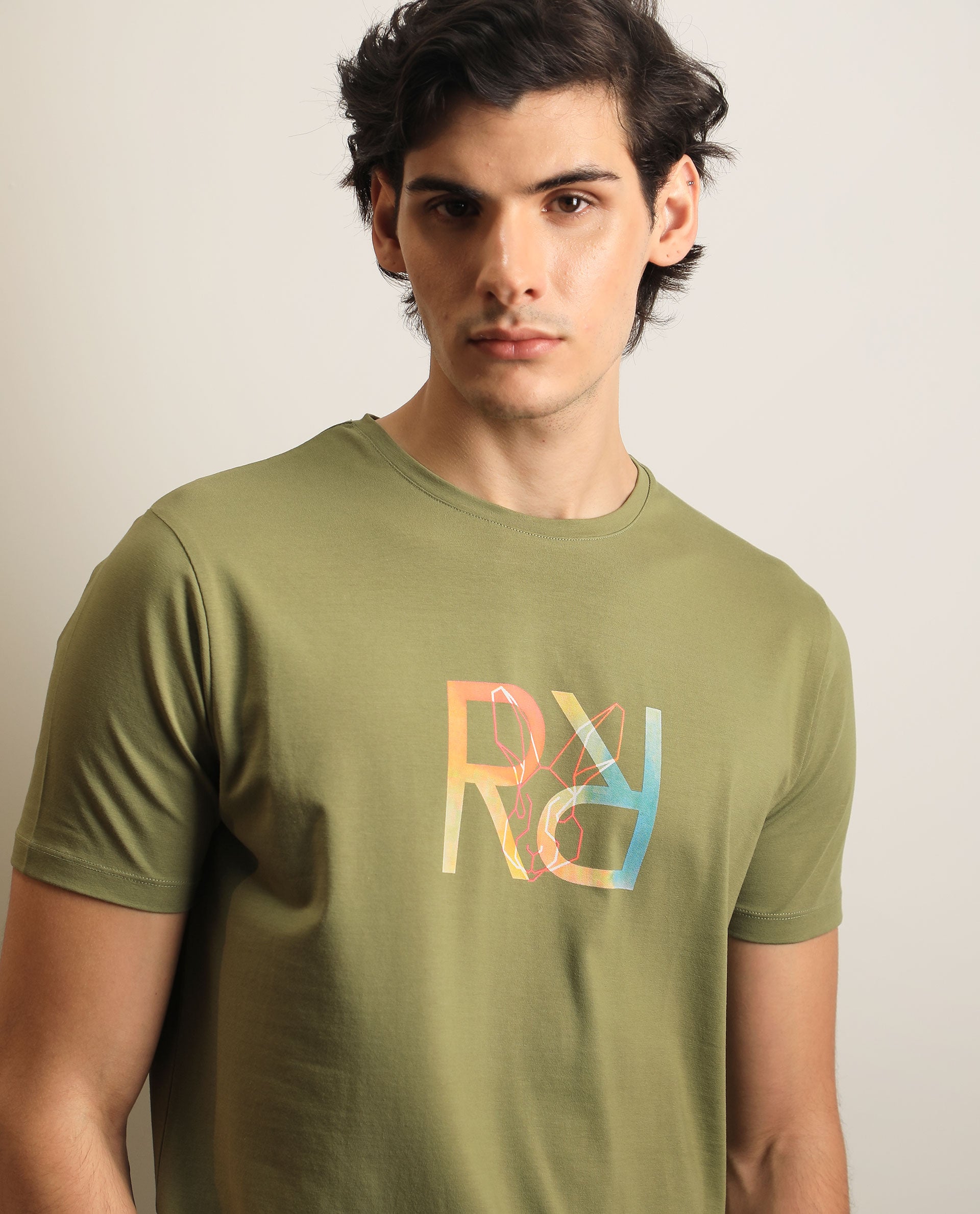 Rare Rabbit Men's Tack Olive Crew Neck Graphic Printed Half Sleeves Slim Fit T-Shirt