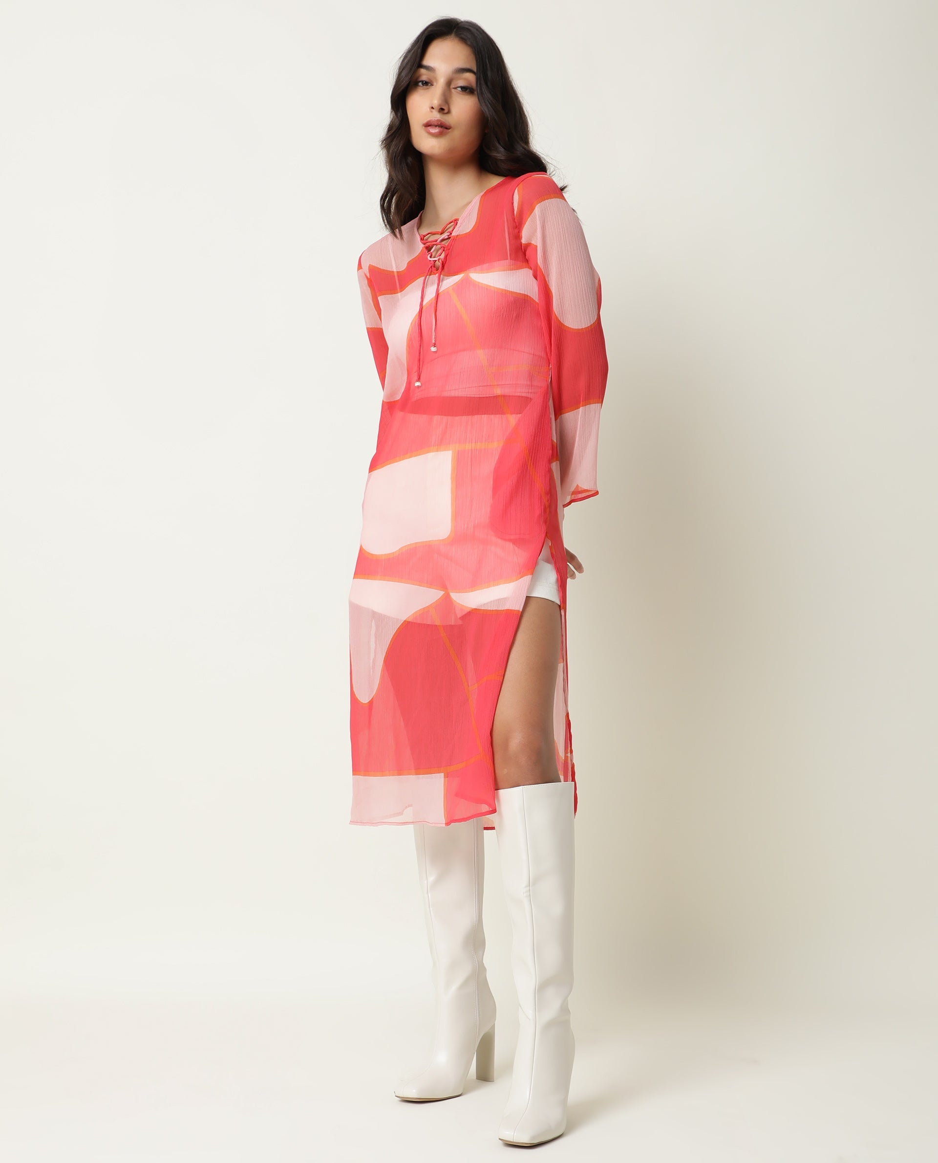 Rareism Women Benett Pink Abstract V Neck With Criss Cross Tie Up Full Sleeves Midi Dress