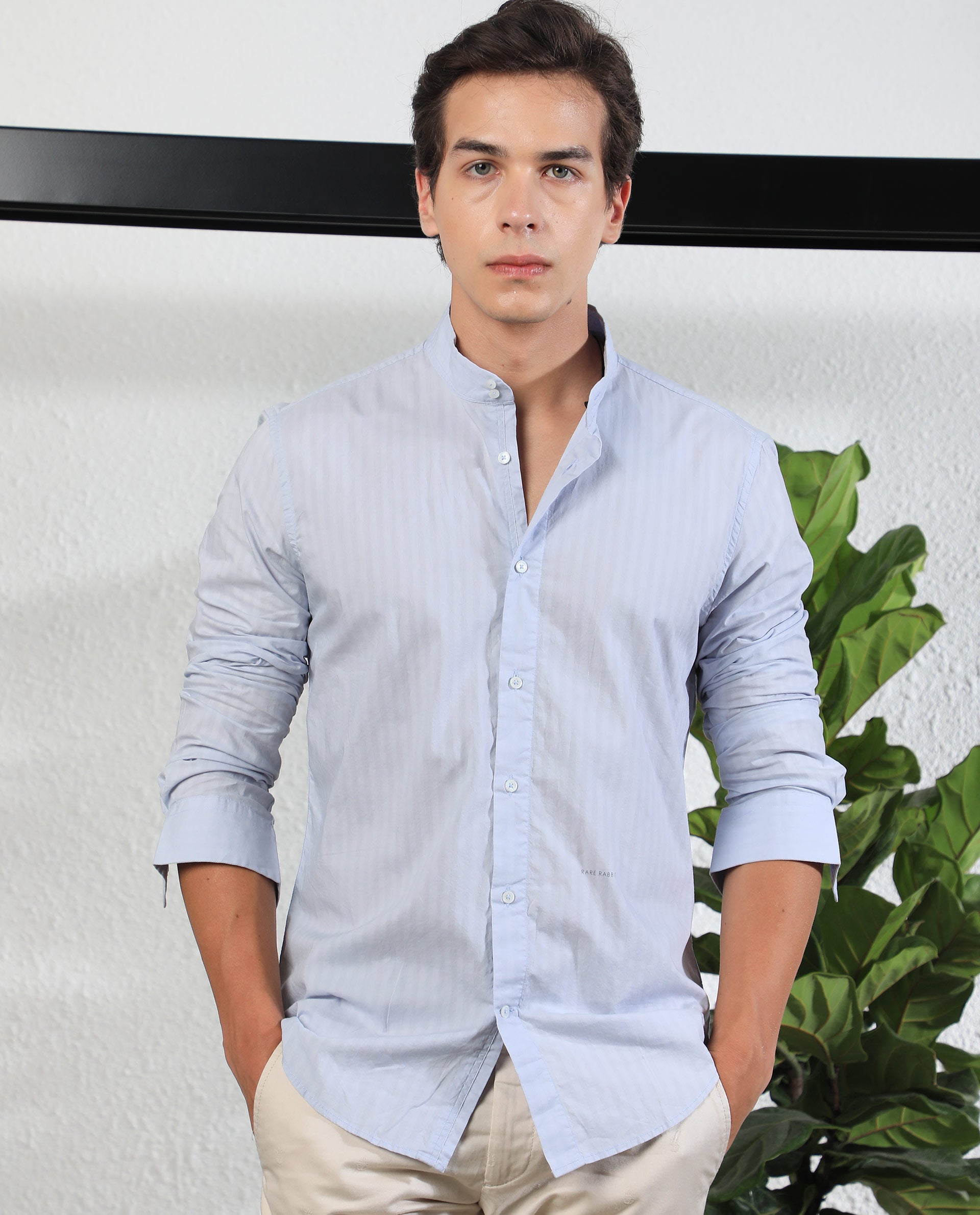 Rare Rabbit Men's Barss Blue Cotton Fabric High-Neck Mandarin Collar Full Sleeves Striped Shirt