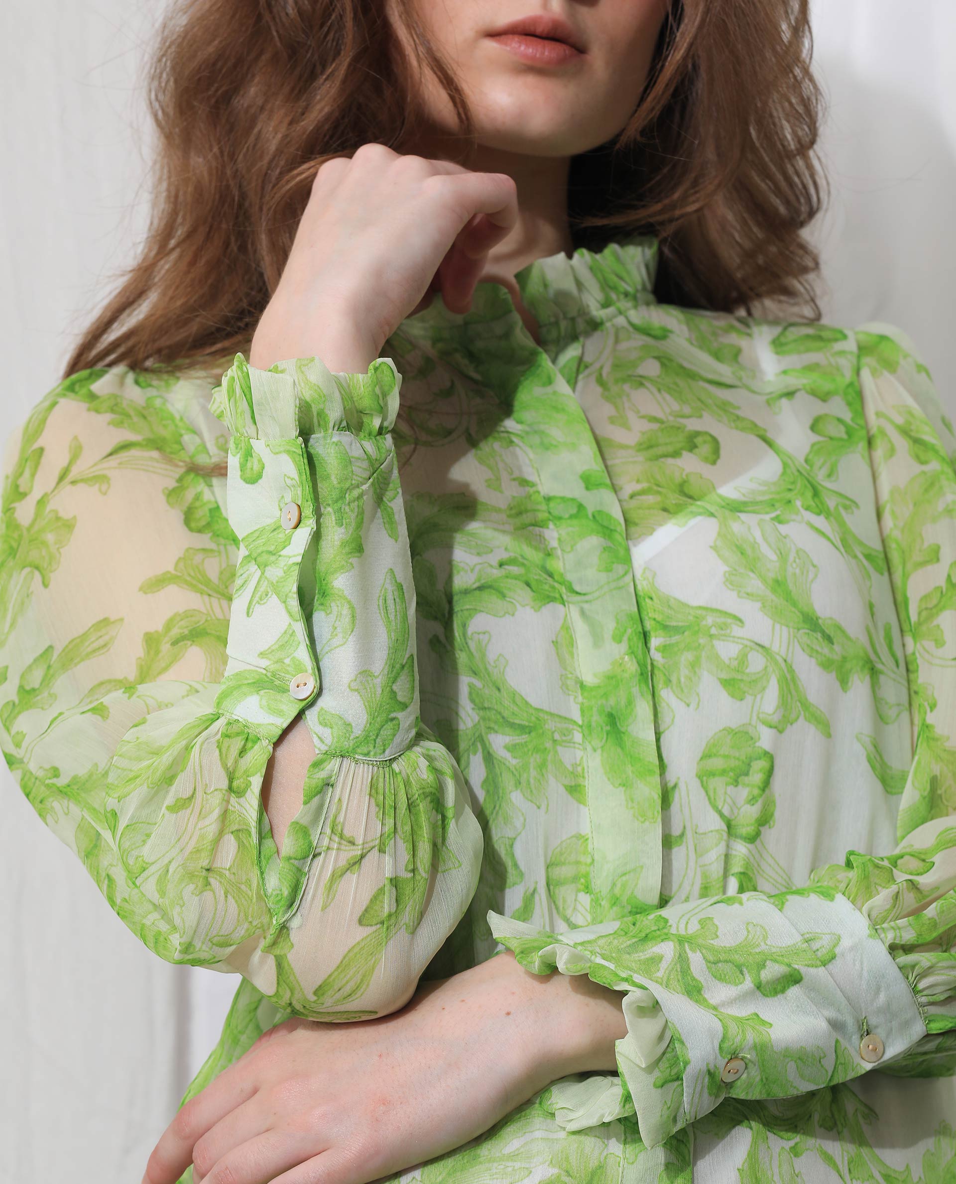 Rareism Women's Quin Green Polyester Fabric Ruffled Neck Button Closure Ruffled Sleeve Floral Print  Knee Length Dress