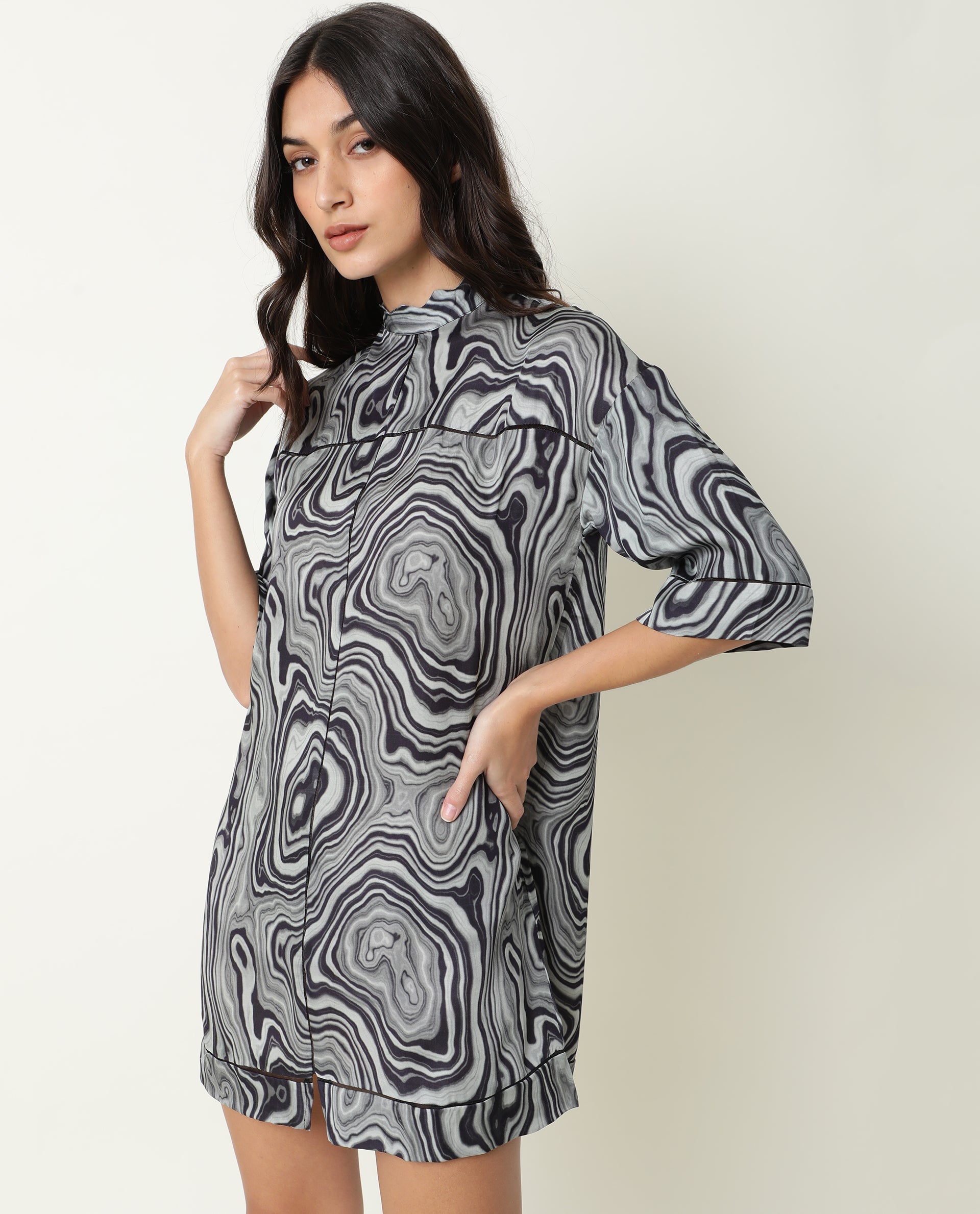 Rareism Women Favor Black Abstract Print High Neck Half Sleeves Mini Dress