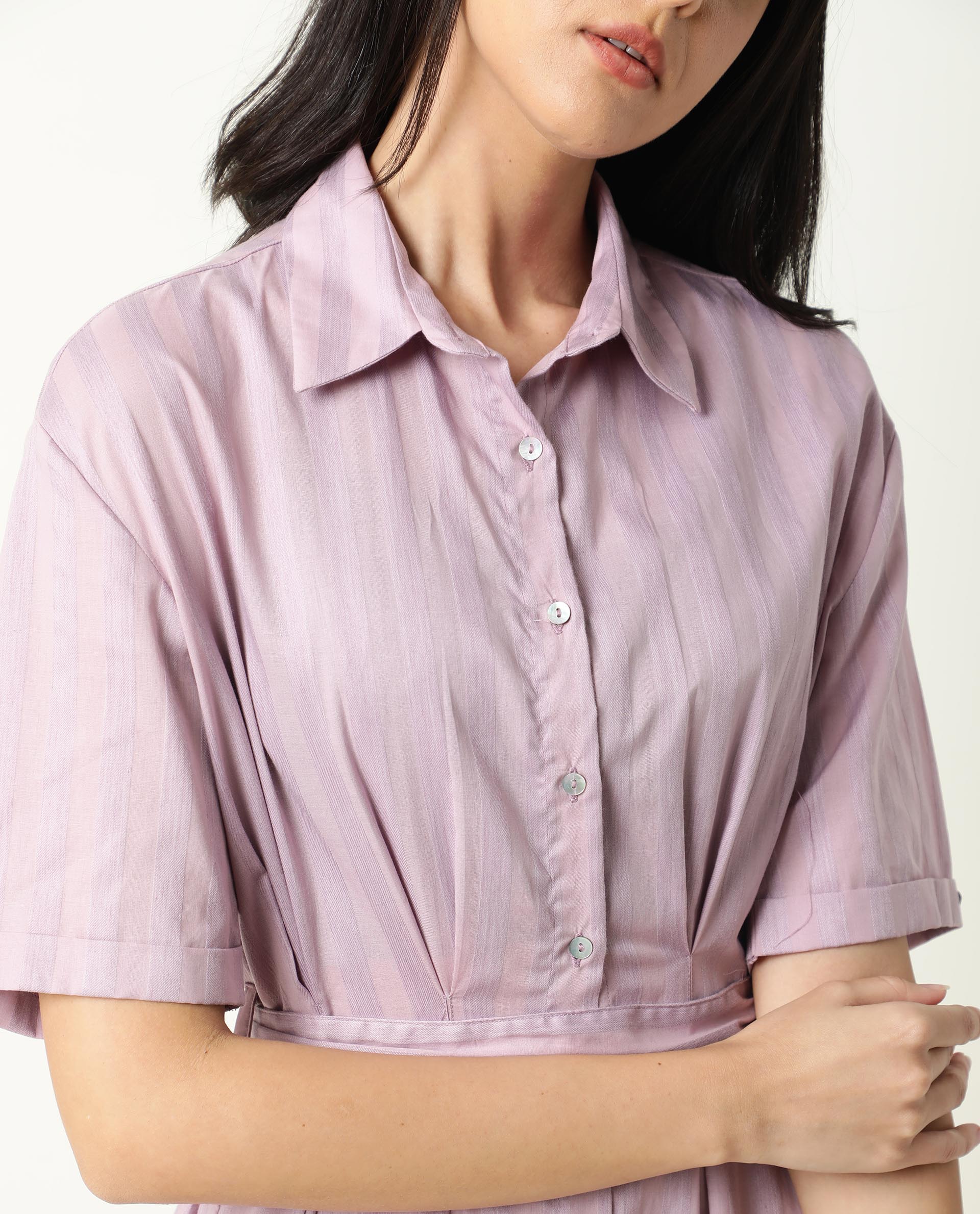 Rareism Women Paris Pink Shirt Collar Short Sleeves Front Full Button Closure Placket Fabric Tie Up Belt Pocket Midi Dress