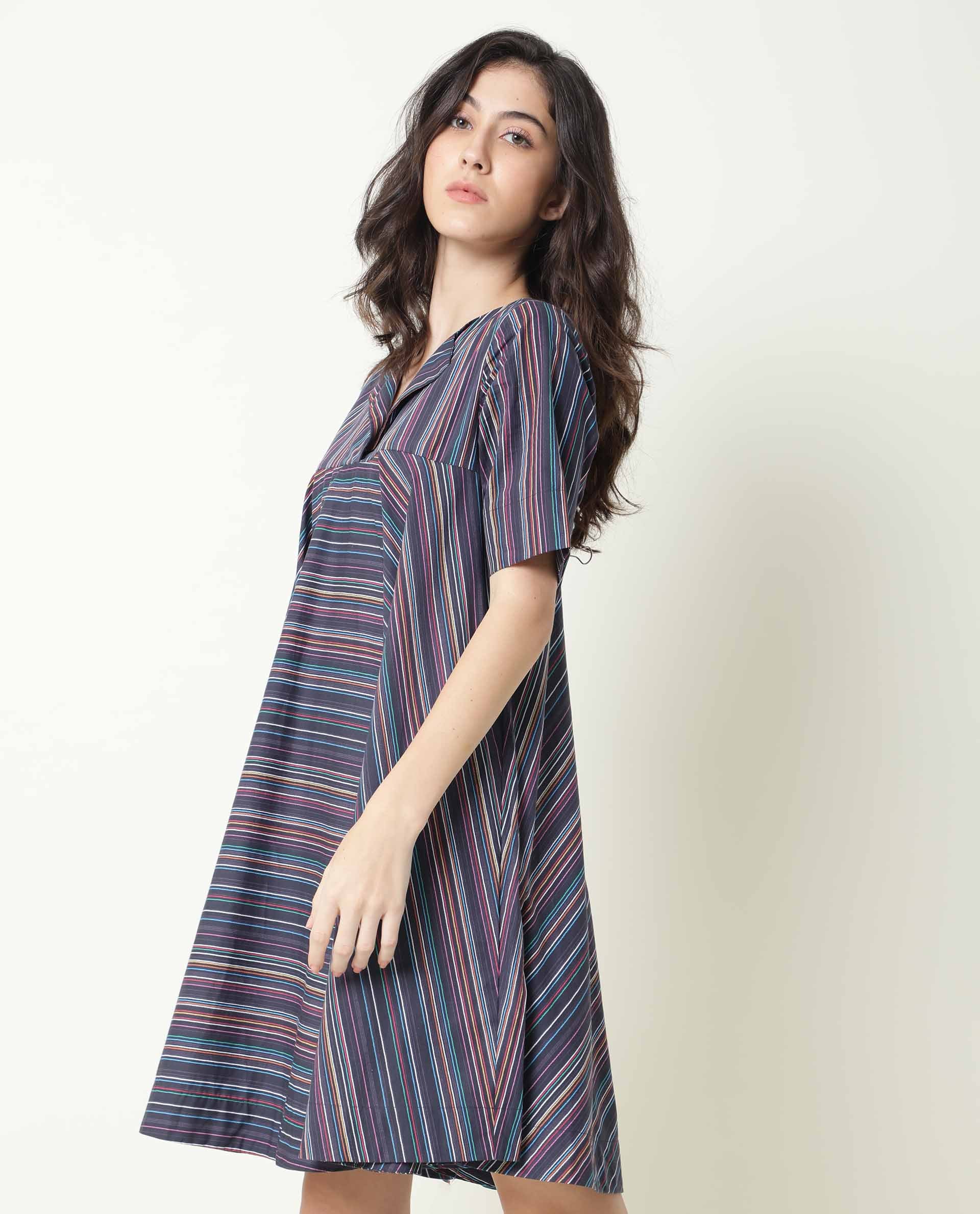 Rareism Womens Rafal Black Dress Cotton Fabric Relaxed Fit Half Sleeve Overlap Neck