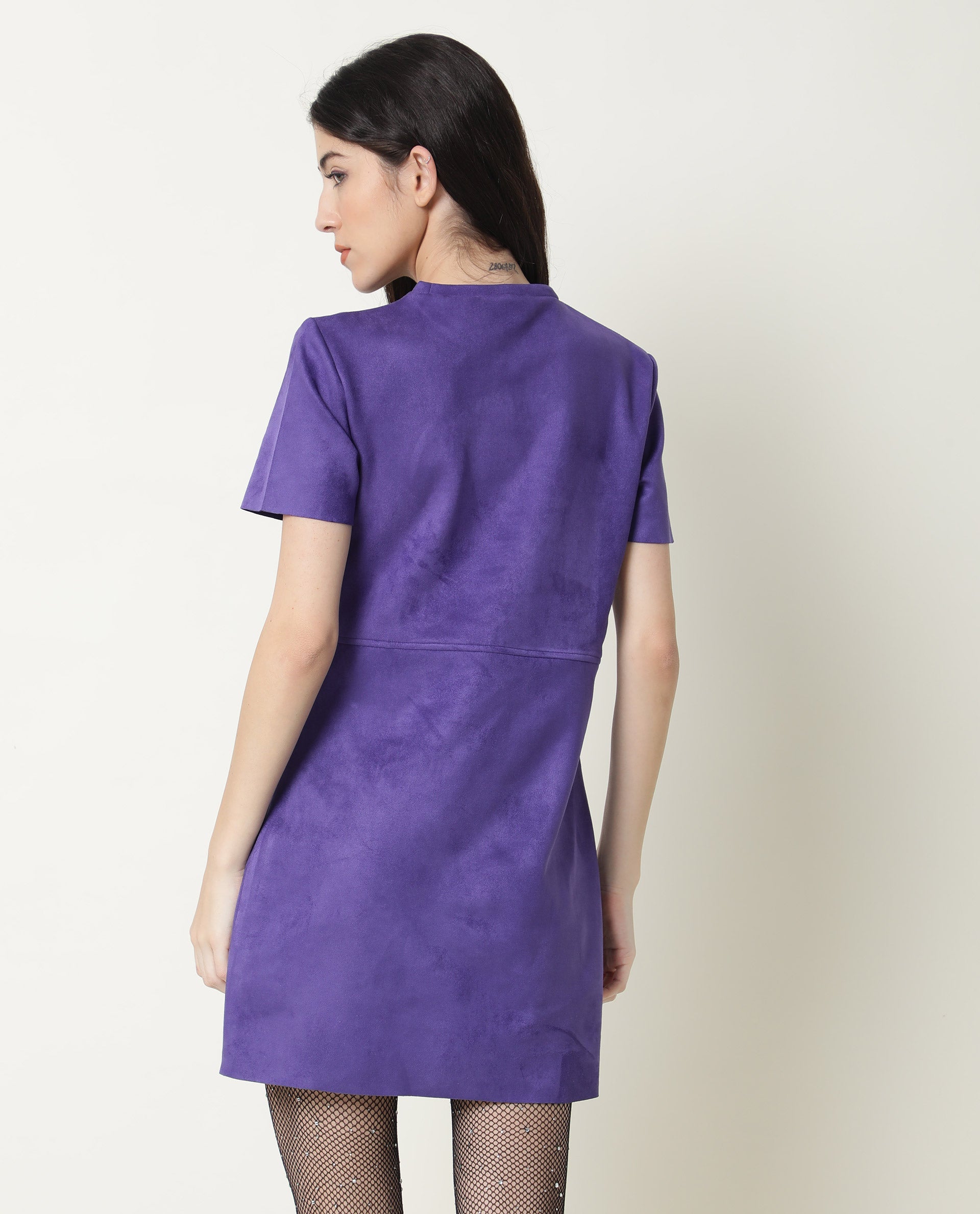 Rareism Women Sions Purple Round Neck Short Sleeves Mini Dress