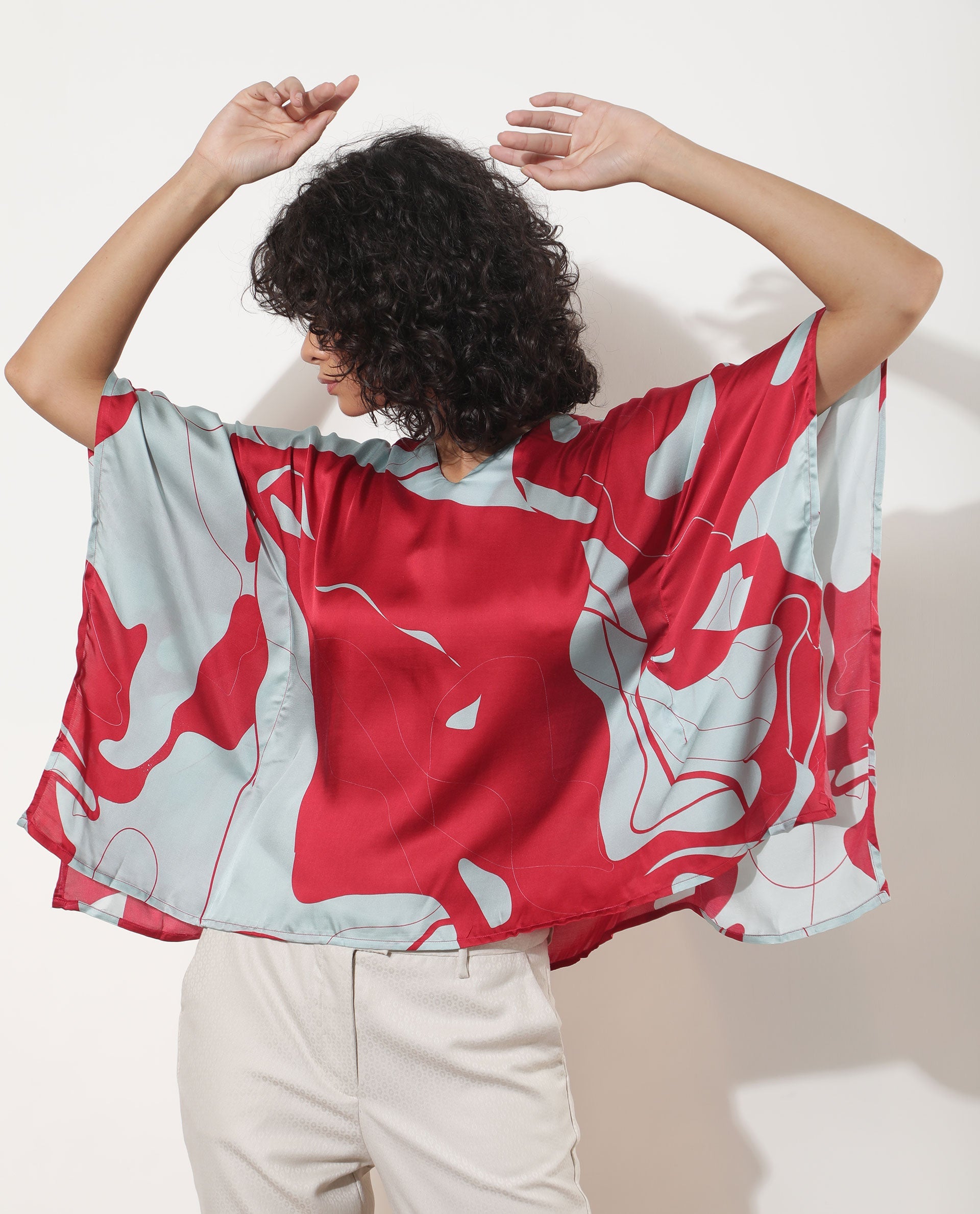 Rareism Women Alyse Maroon Modal Fabric Regular Fit V-Neck Half Sleeves Abstract Print Top