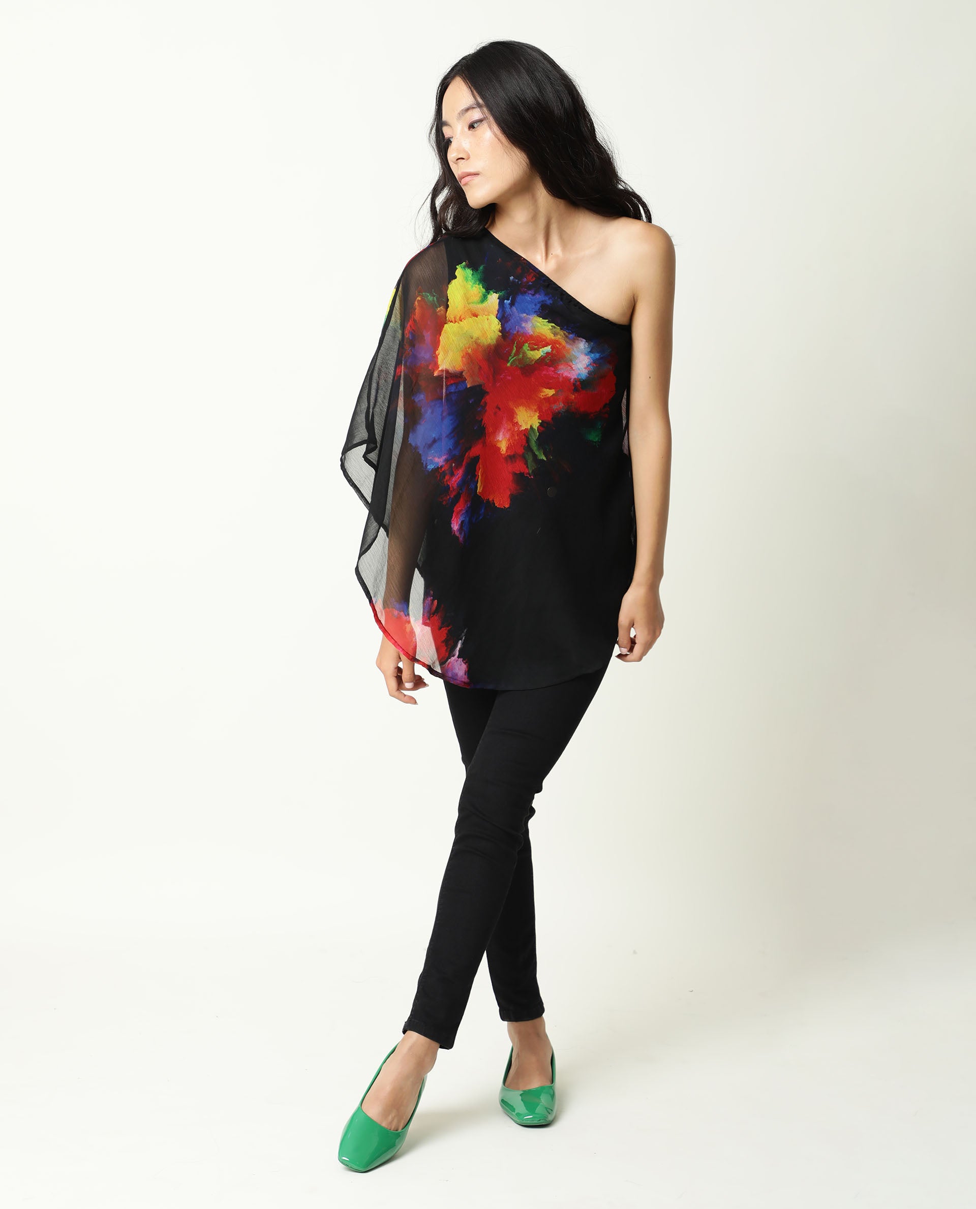 Rareism Womens Propose Black Top Viscose Fabric Regular Fit One Shoulder One Shoulder Neck