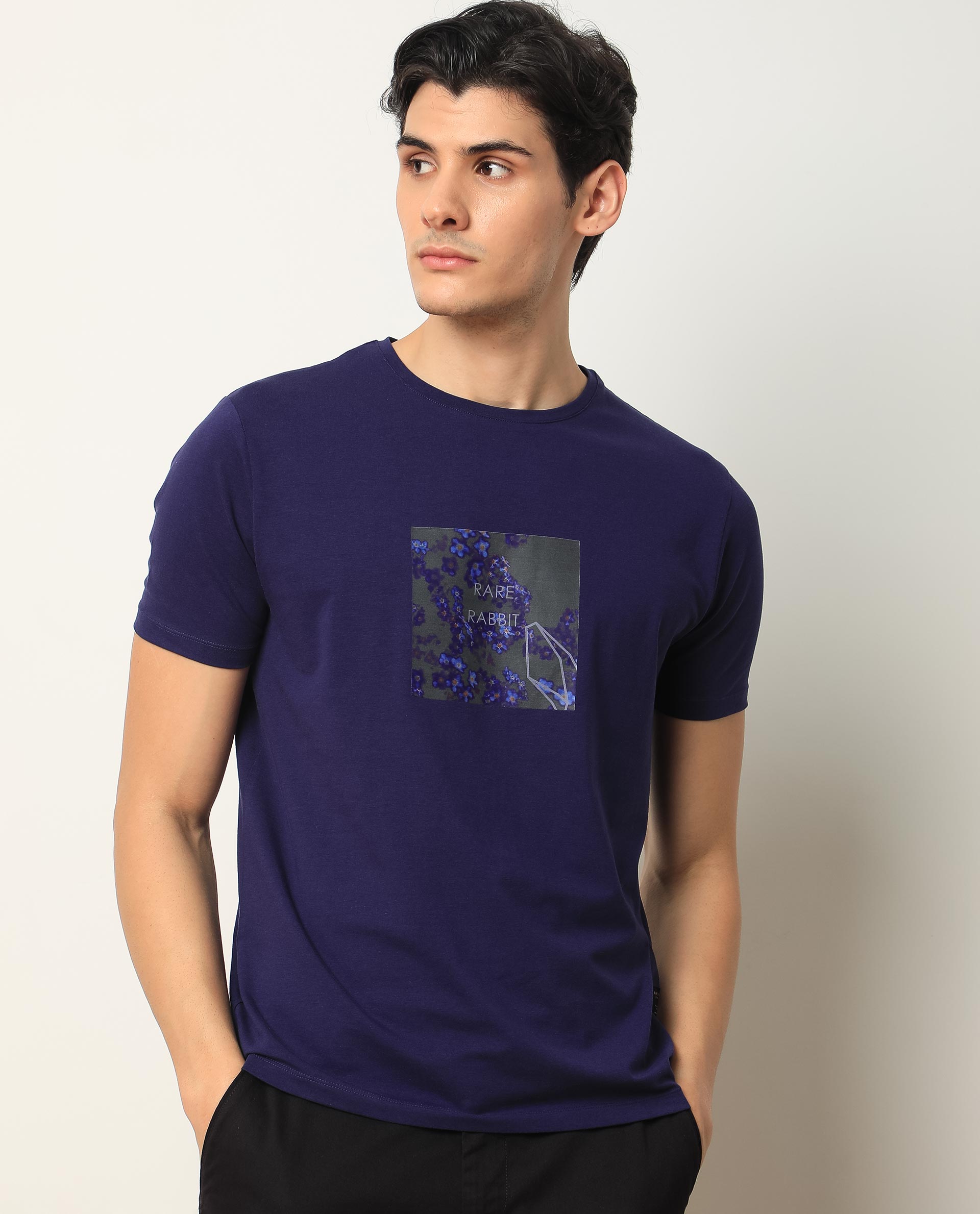 Rare Rabbit Men's Capri Purple Crew Neck Graphic Printed Half Sleeves Slim Fit T-Shirt