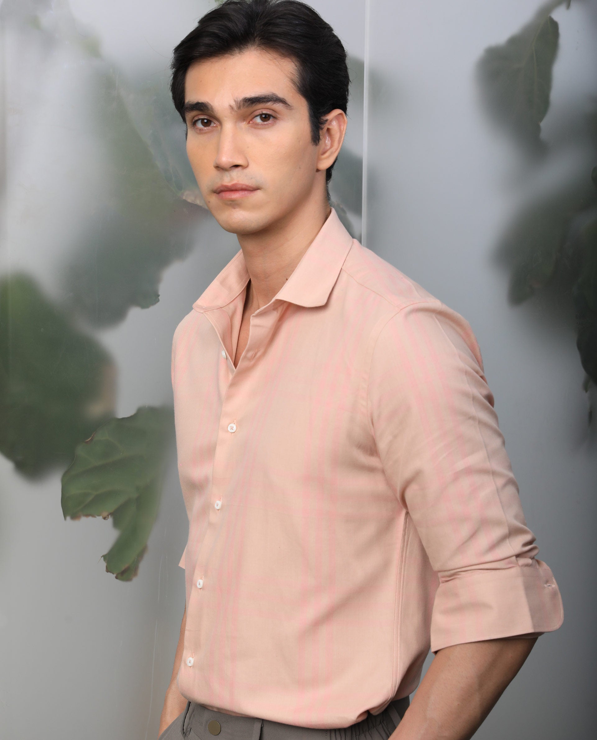 Rare Rabbit Men's Carnet Dusky Pink Cotton Polyester Fabric Full Sleeves Checks Shirt