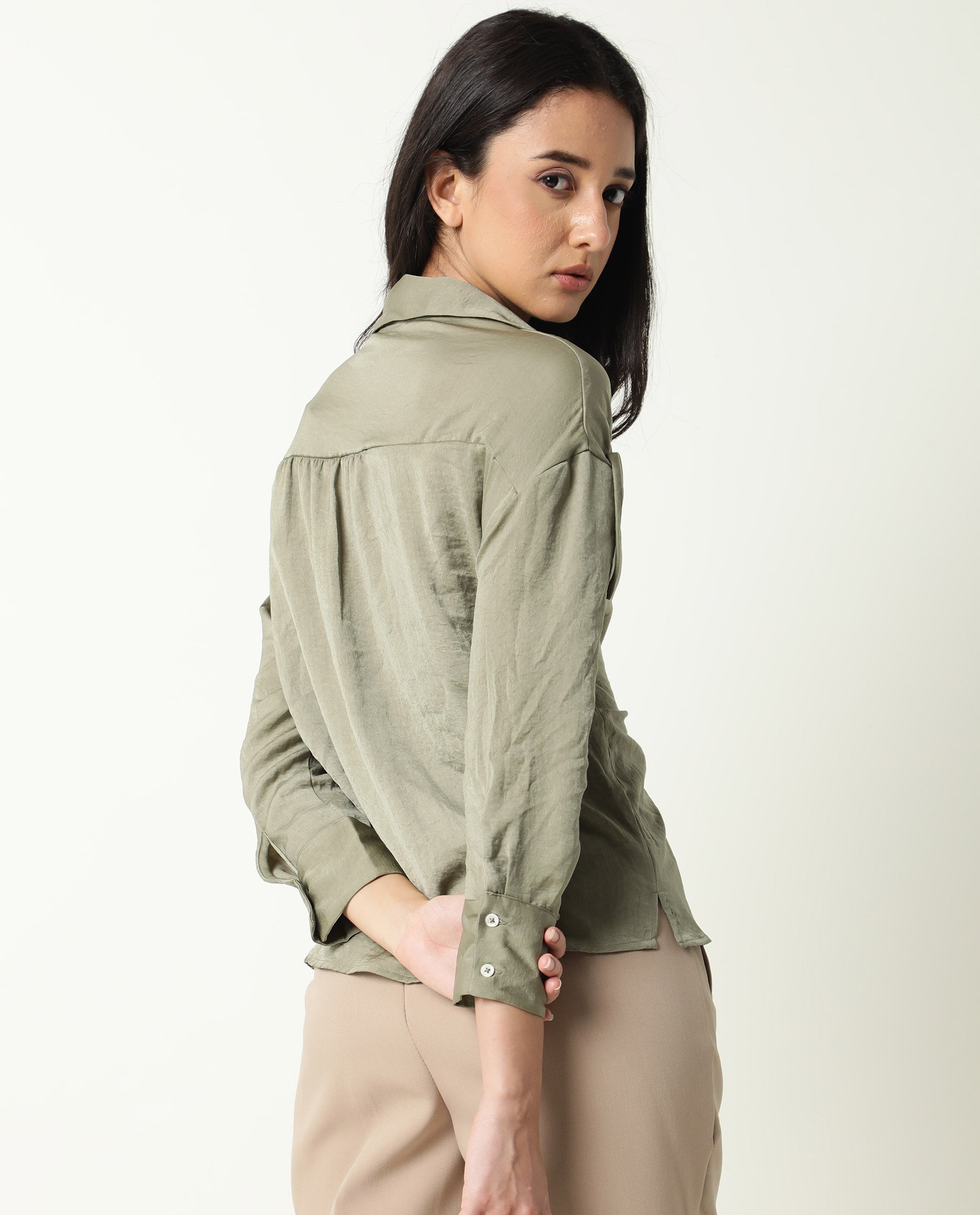 Rareism Womens Hullay Green Top Polyester Fabric Regular Fit 3/4 Sleeve Collared Neck