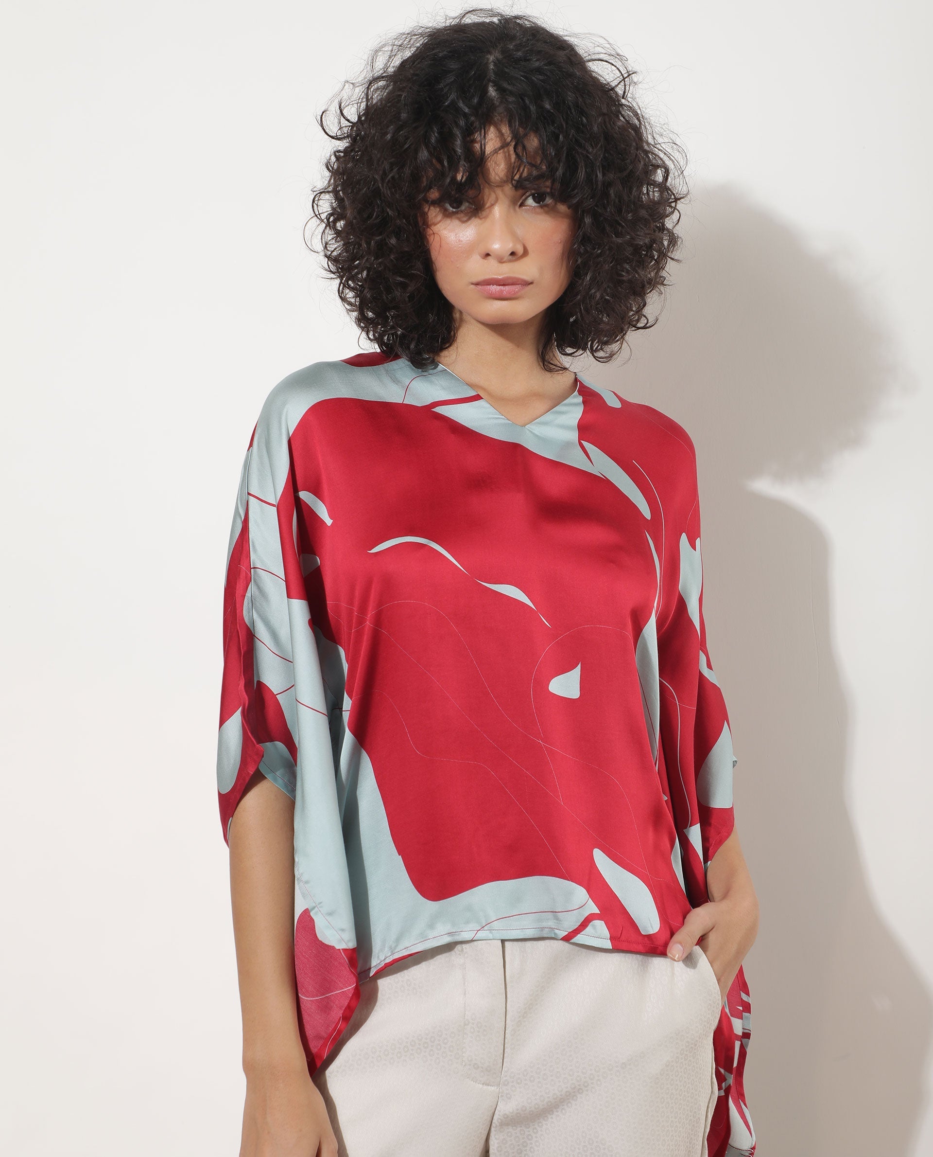 Rareism Women Alyse Maroon Modal Fabric Regular Fit V-Neck Half Sleeves Abstract Print Top