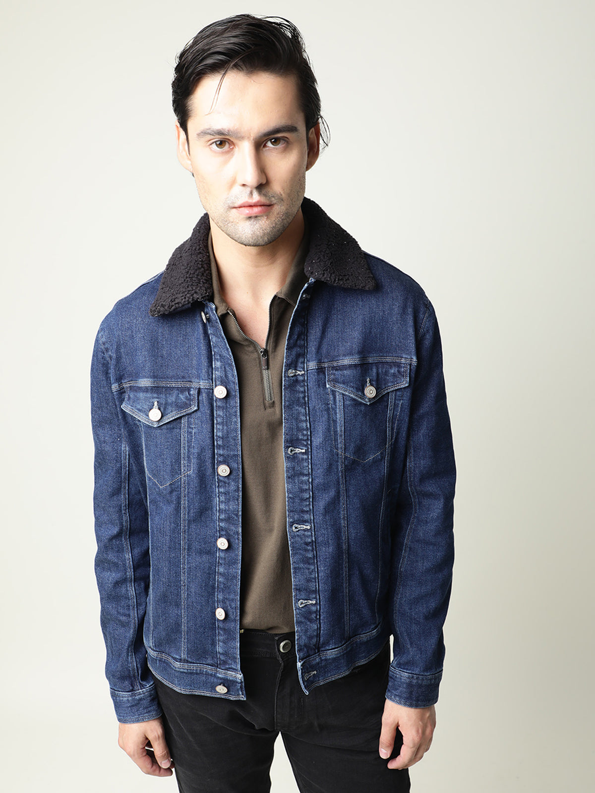 Rare Rabbit Men's Rubix Blue Fleece Collar Dark Wash Denim Jacket